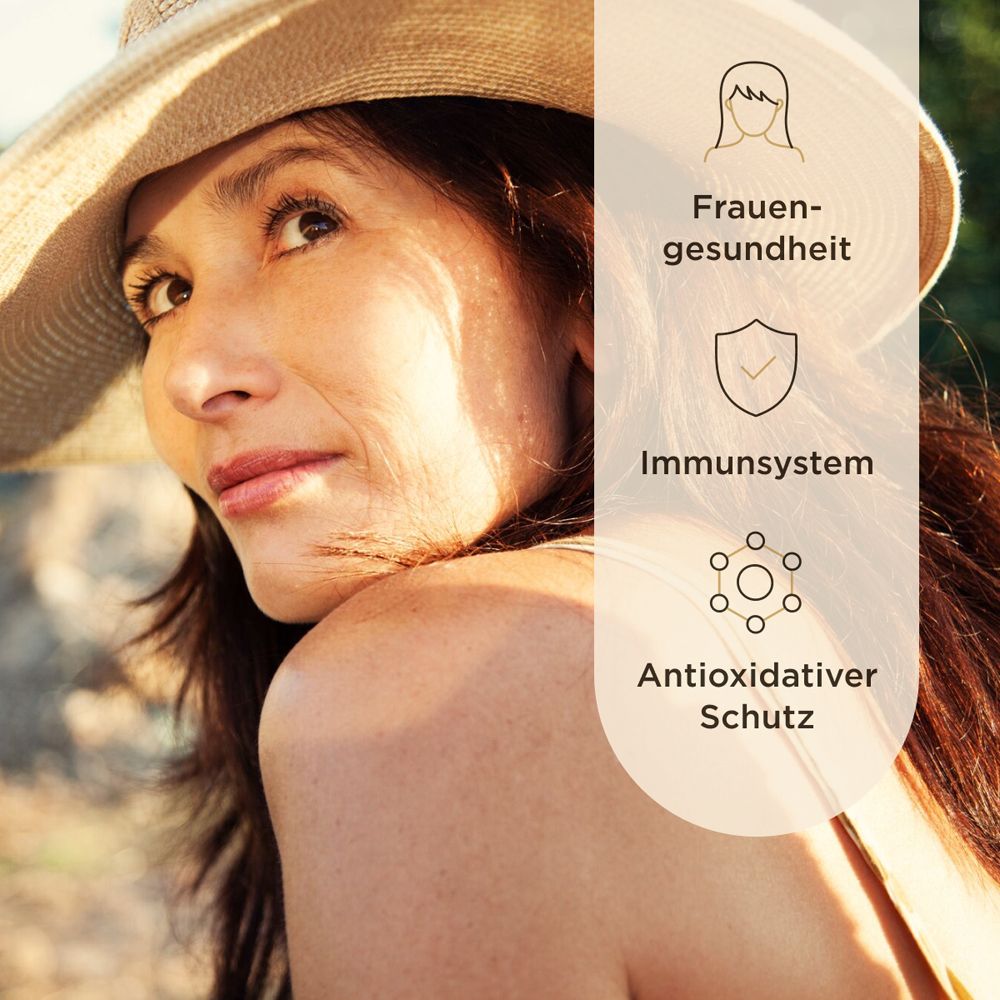 Frau mit Hut. Text: Frauengesundheit, Immunsystem, antioxidativer Schutz.