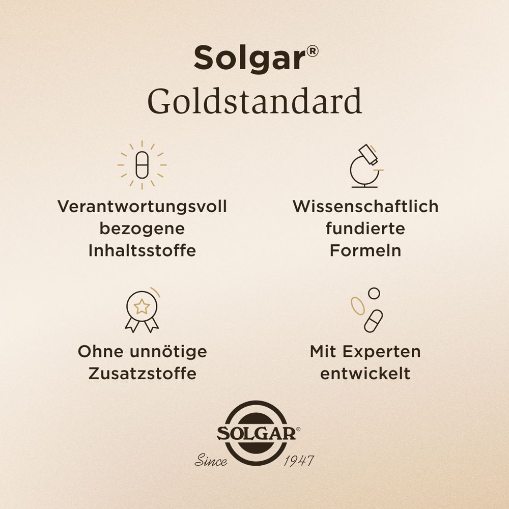 Text: Solgar Goldstandard. Verantwortungsbewusst bezogene Inhaltsstoffe, wissenschaftlich fundierte Formeln, ohne unnötige Zusatzstoffe, mit Experten entwickelt.