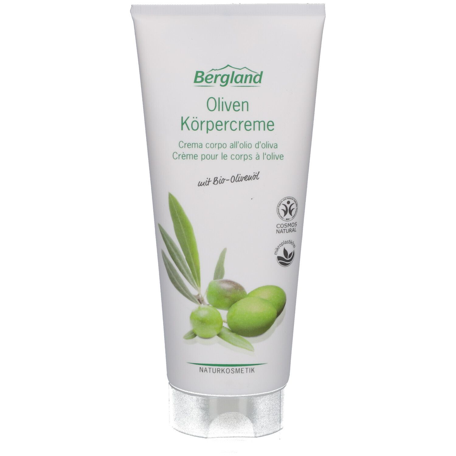 Tube blanche de crème pour le corps Bergland à l'olive, illustration d'olives et logo Bio-Olivenöl. Label de cosmétiques naturels.