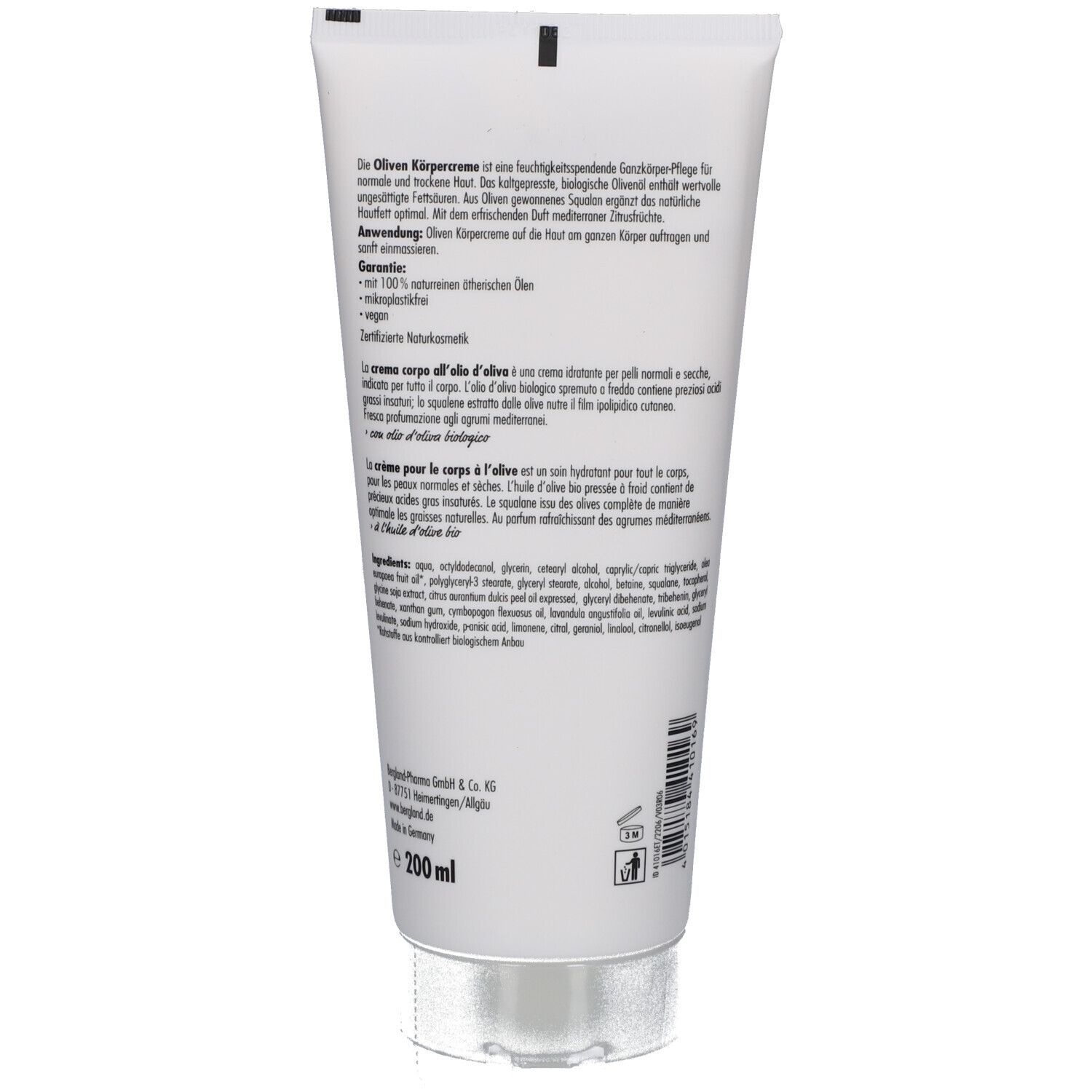 Dos du tube. Texte en allemand, italien et français. Ingrédients et informations du fabricant. 200 ml.