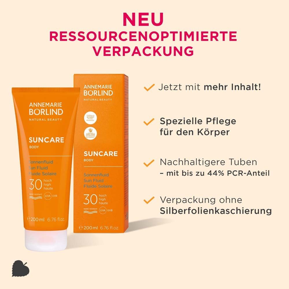 Fluide solaire LSF 30 et emballage Annemarie Börlind. Texte : Tubes durables, plus de contenu.