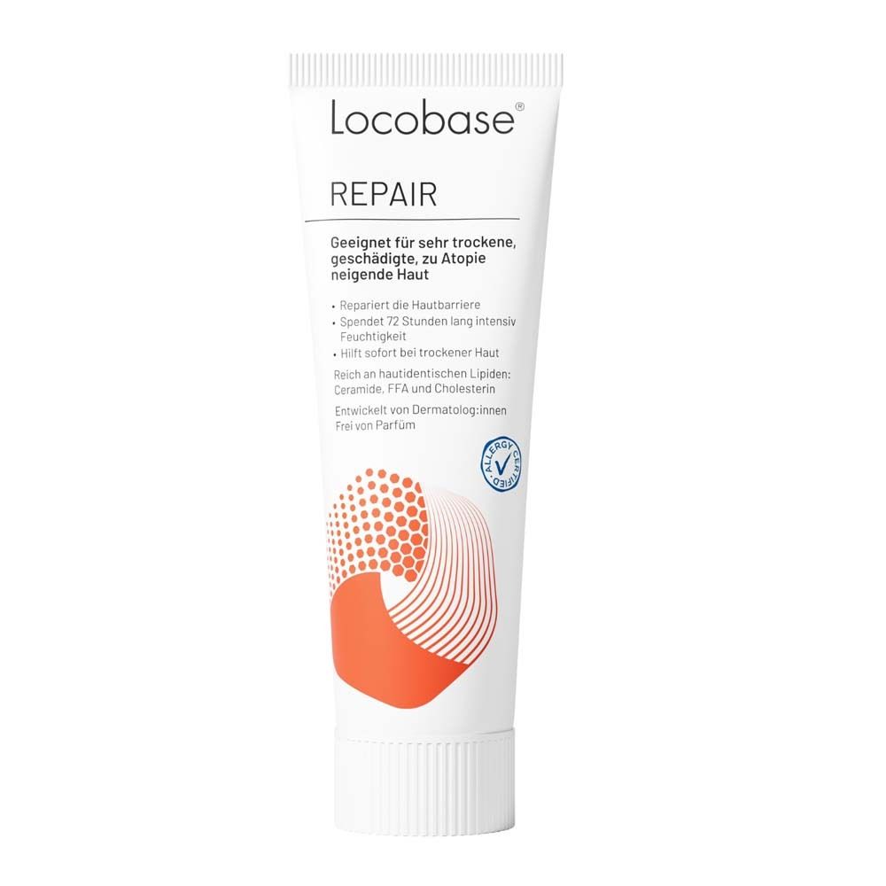 Tube de crème Locobase Repair. Blanc, avec texte et design orange. Pour peaux sèches, sujettes à l'atopie.