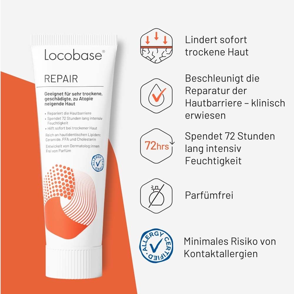 Tube Locobase Repair avec icônes. Soulage la peau sèche, répare la barrière cutanée, hydrate, sans parfum.