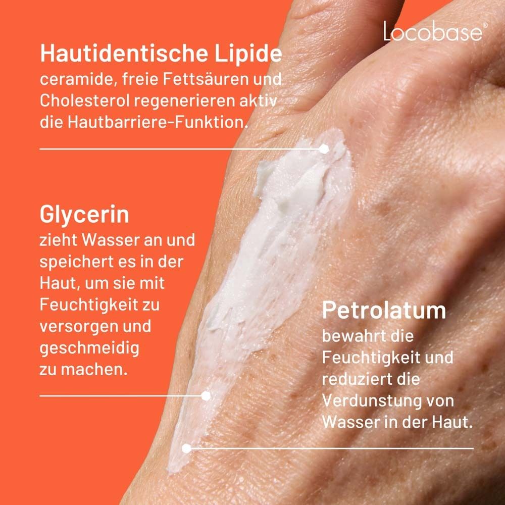 Gros plan main avec crème. Texte : Lipides identiques à la peau, glycérine, vaseline. Locobase Repair.