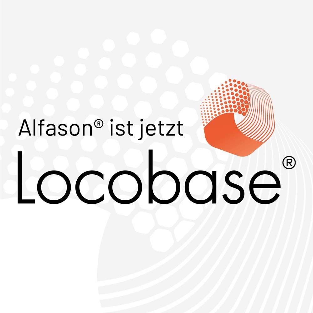 Logo Locobase. Fond blanc avec design orange. Texte : Alfason est maintenant Locobase.