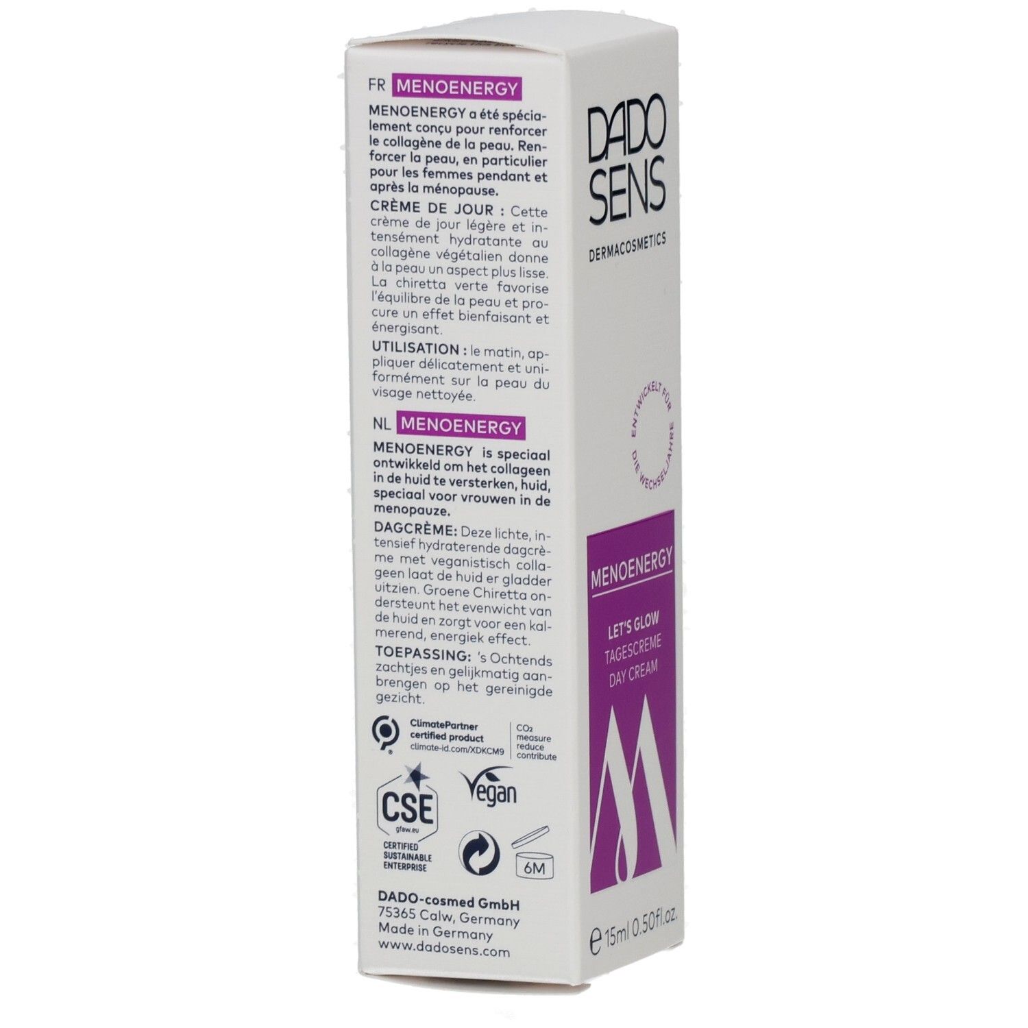 DADO SENS MENOENERGY Tagescreme in violetter und weißer Faltschachtel, 15ml.