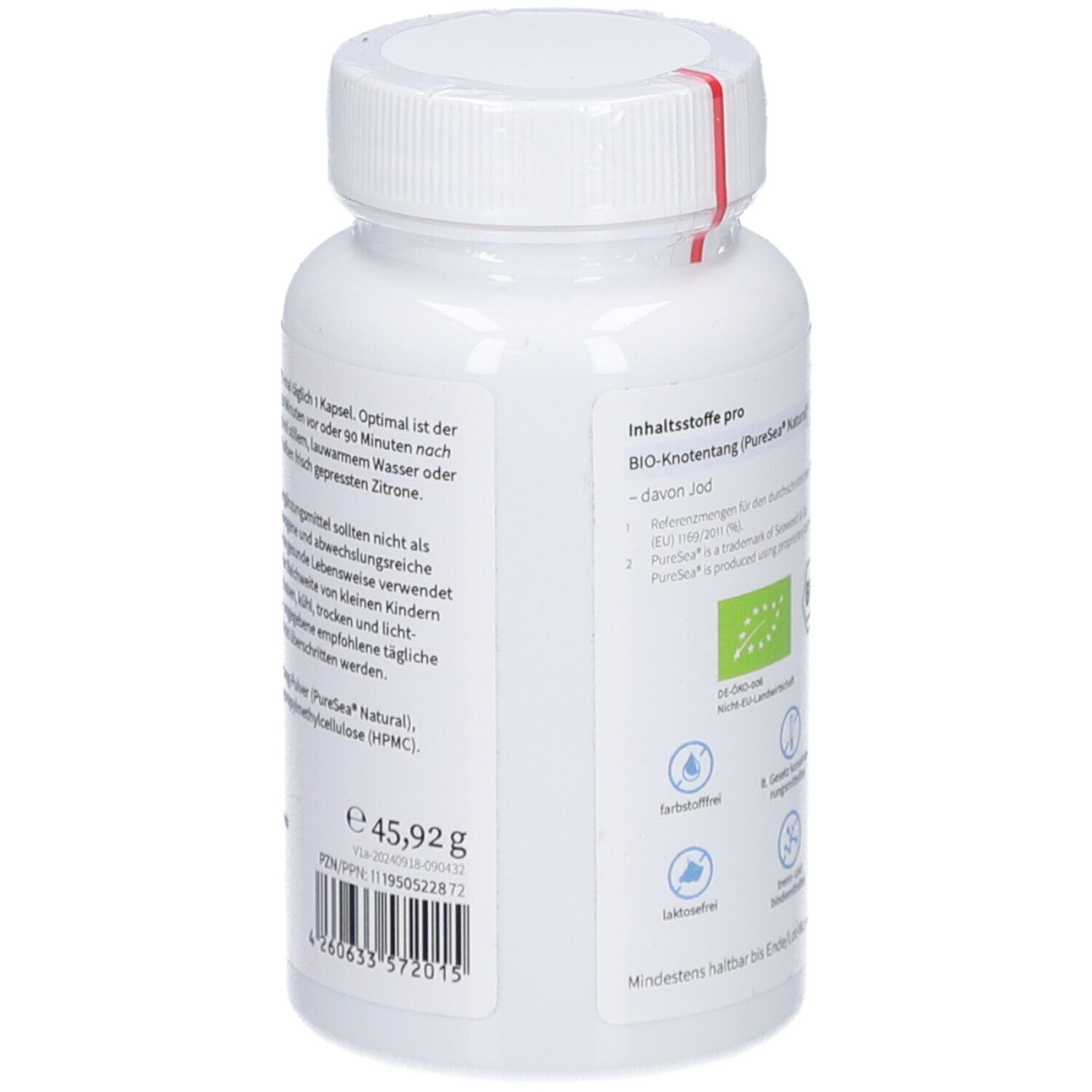 Vue latérale du flacon. Informations sur les ingrédients et le poids: 45,92 g. Label bio.