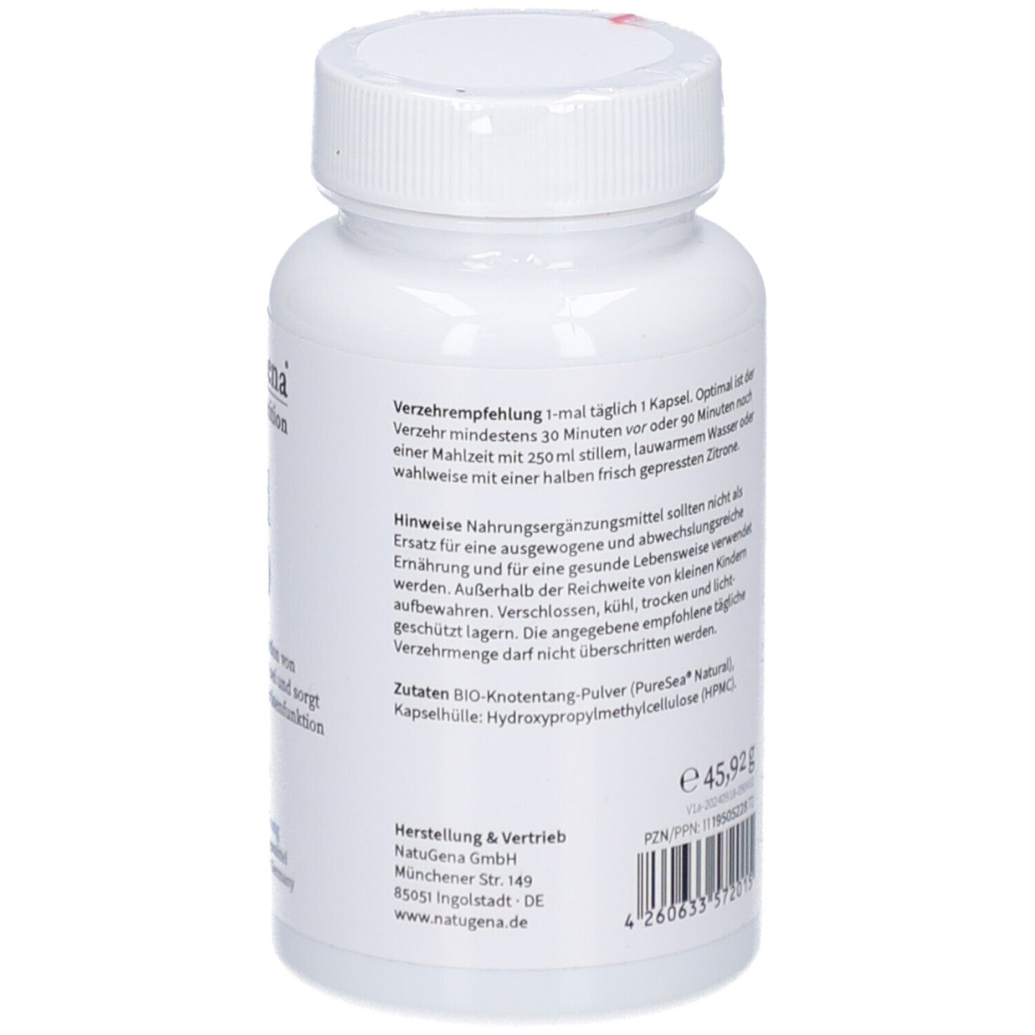Dos du flacon. Informations sur les ingrédients, la posologie et le fabricant. Poids: 45,92 g.