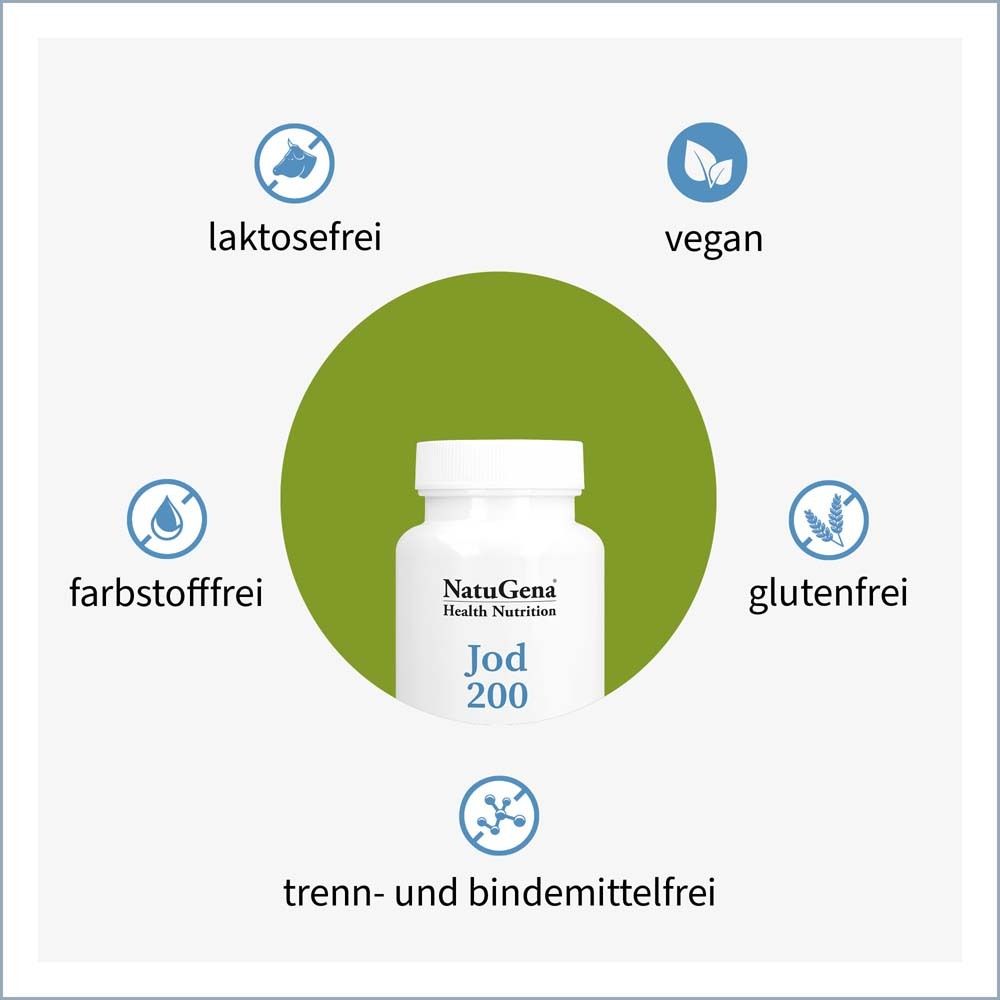 Weiße Flasche mit NatuGena Jod 200. Logos: laktosefrei, vegan, farbstofffrei, glutenfrei, trenn- und bindemittelfrei.