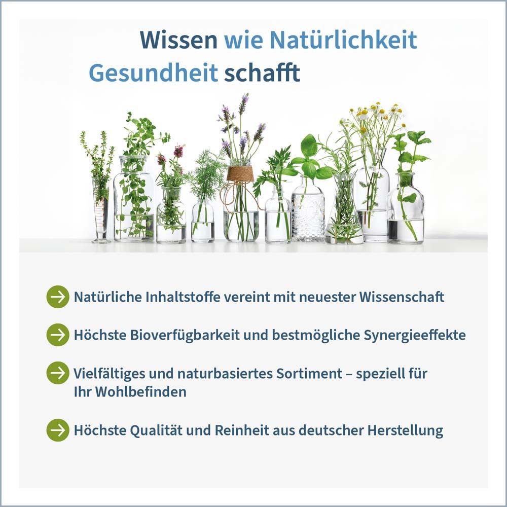 Grafik mit Pflanzen in Reagenzgläsern. Text: Wissen wie Natürlichkeit Gesundheit schafft. Vorteile: Natürliche Inhaltsstoffe, Bioverfügbarkeit, Sortiment, Qualität.