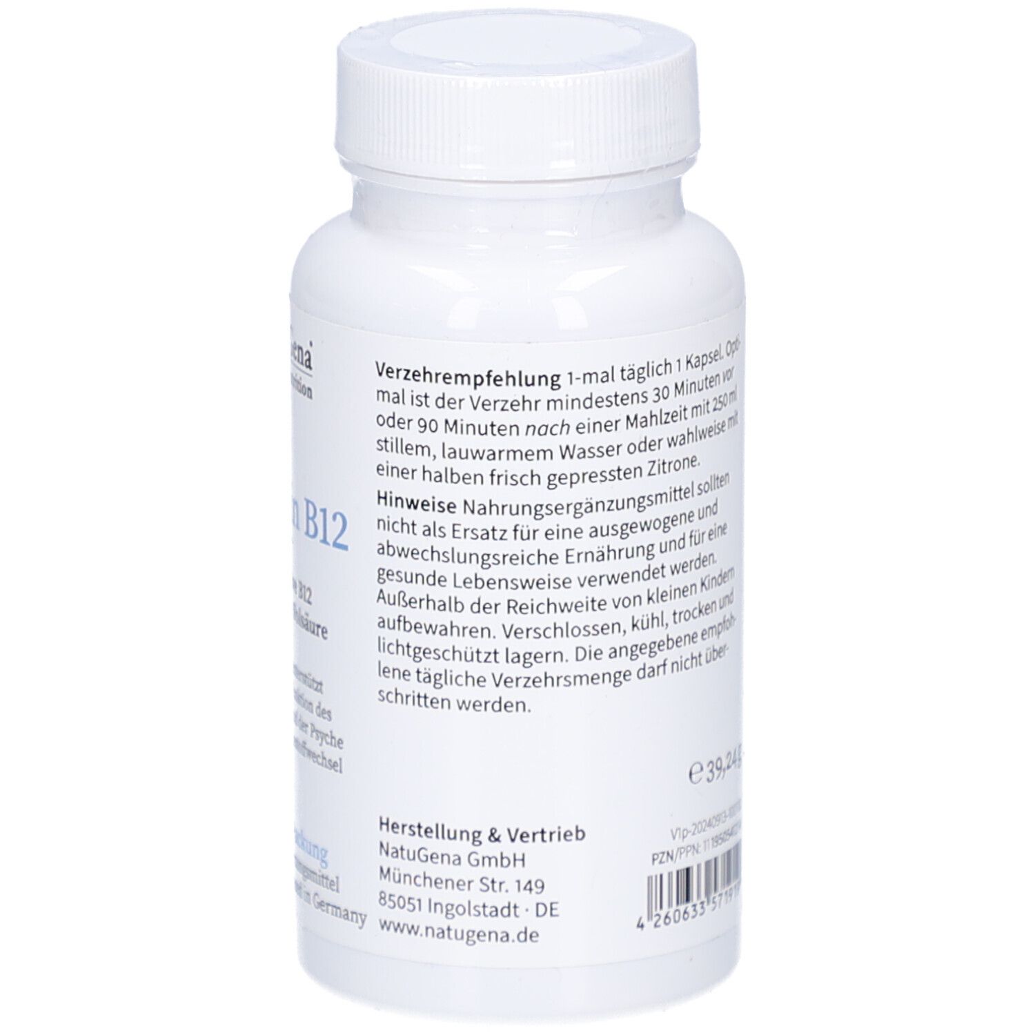 Rückseite der weißen Flasche. Informationen zur Einnahme und Hersteller. Glutenfrei, laktosefrei.