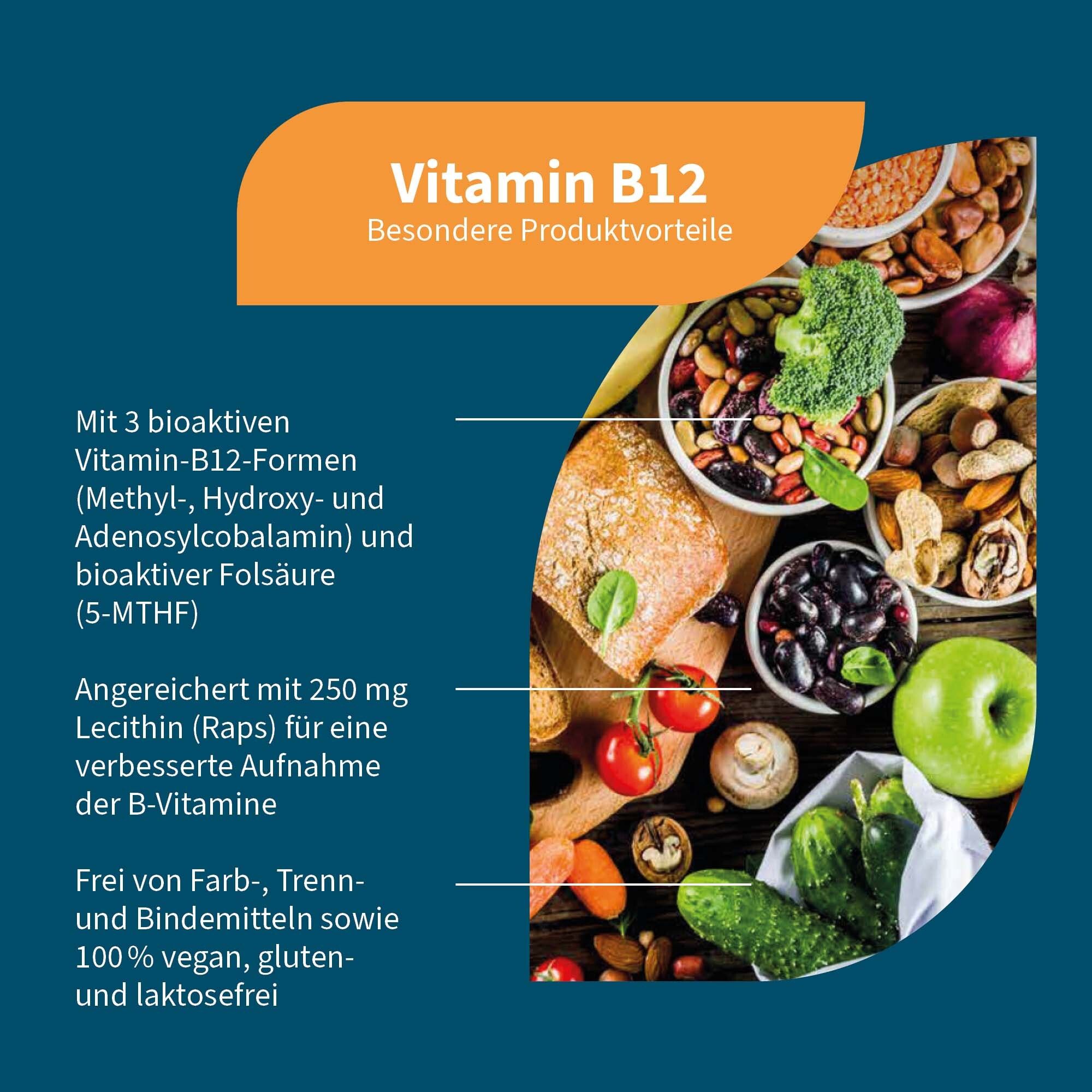 Infographie avec ingrédients. Fruits, légumes et noix. Texte : Vitamine B12, 3 formes bioactives, lécithine, végétalien, sans gluten.