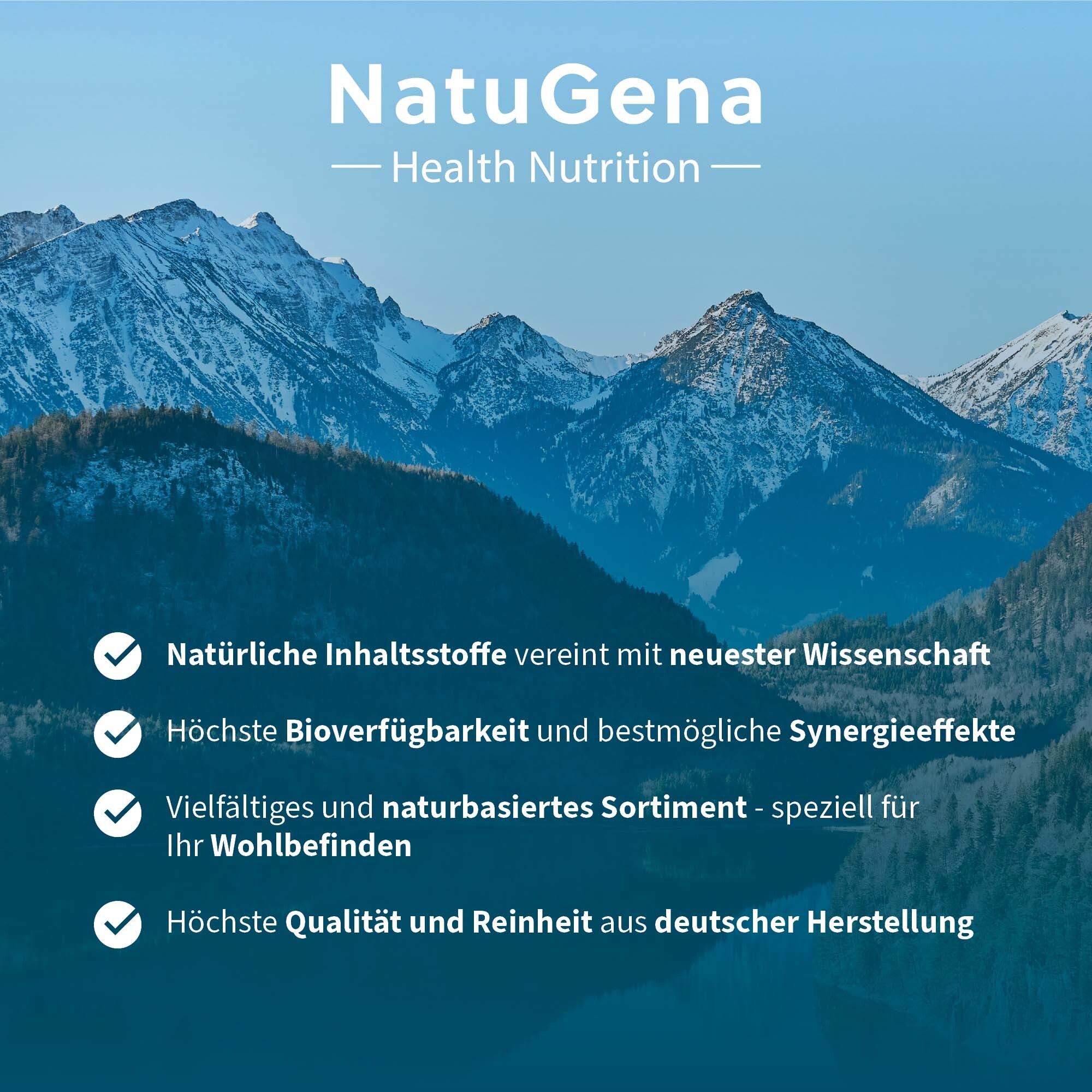 Paysage avec montagnes. Texte : Ingrédients naturels, biodisponibilité maximale, assortiment varié, qualité supérieure.
