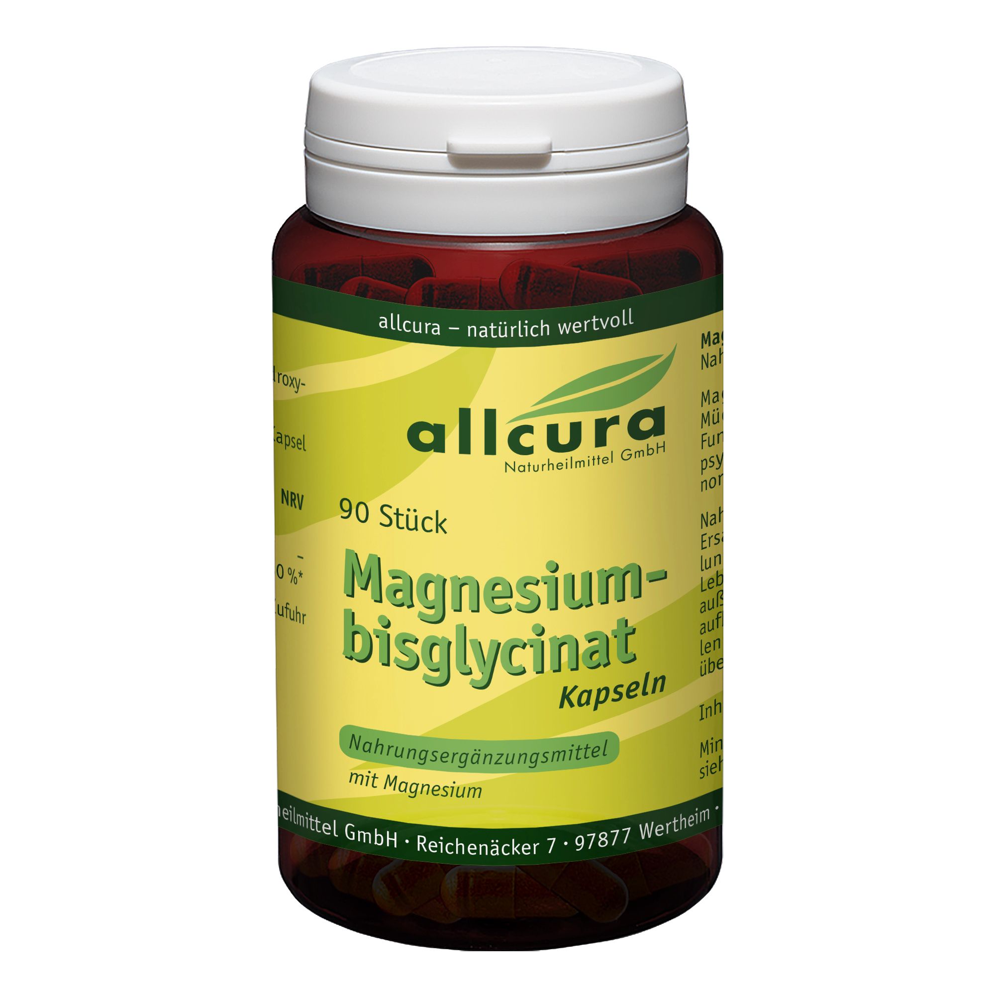 Flacon brun à bouchon blanc. Inscription: Magnesiumbisglycinat Kapseln. 90 pièces.