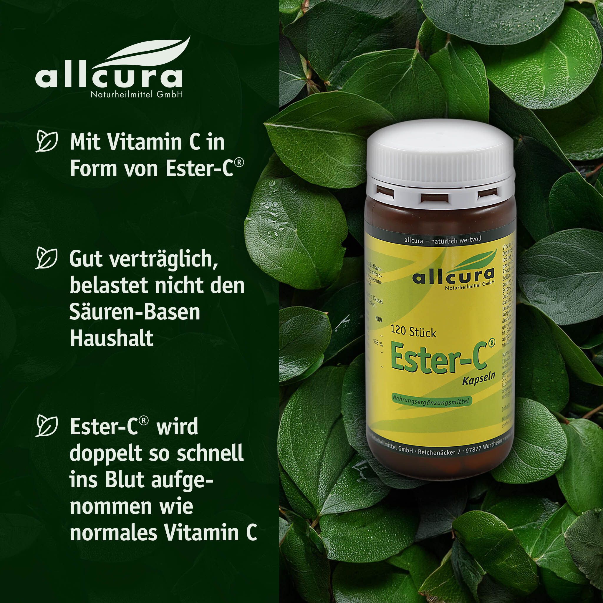 Flacon Ester-C Kapseln devant des feuilles. Texte : Avec vitamine C sous forme d'Ester-C. Bien toléré.