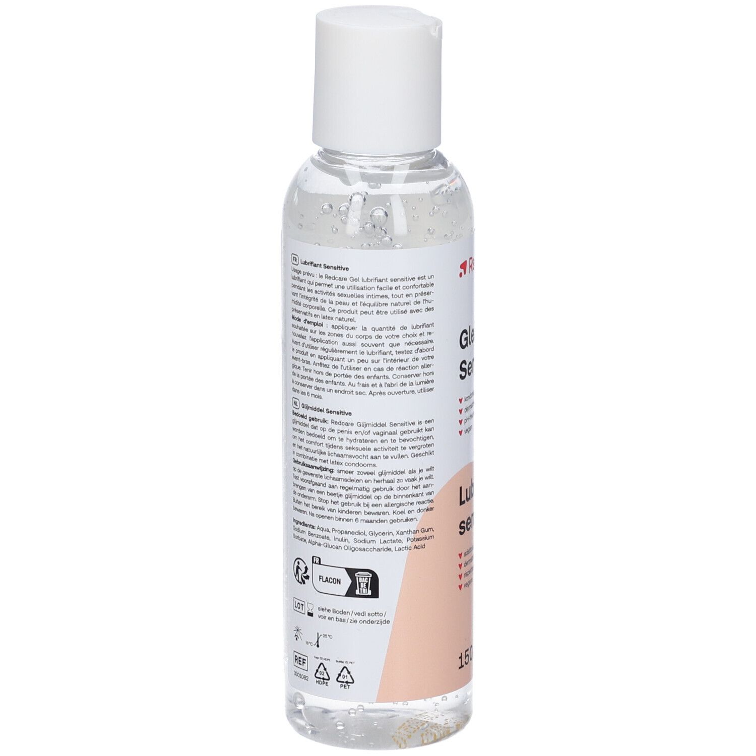 Dos du flacon. Étiquette avec informations produit, ingrédients et coordonnées fabricant. Texte multilingue.