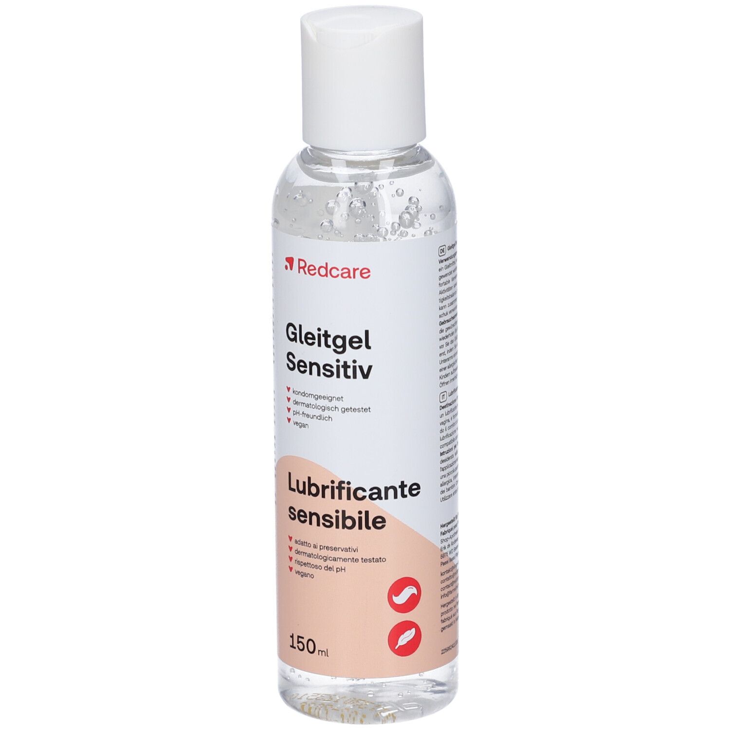 Flacon transparent avec bouchon blanc. Étiquette avec nom du produit, marque Redcare et informations. 150ml.