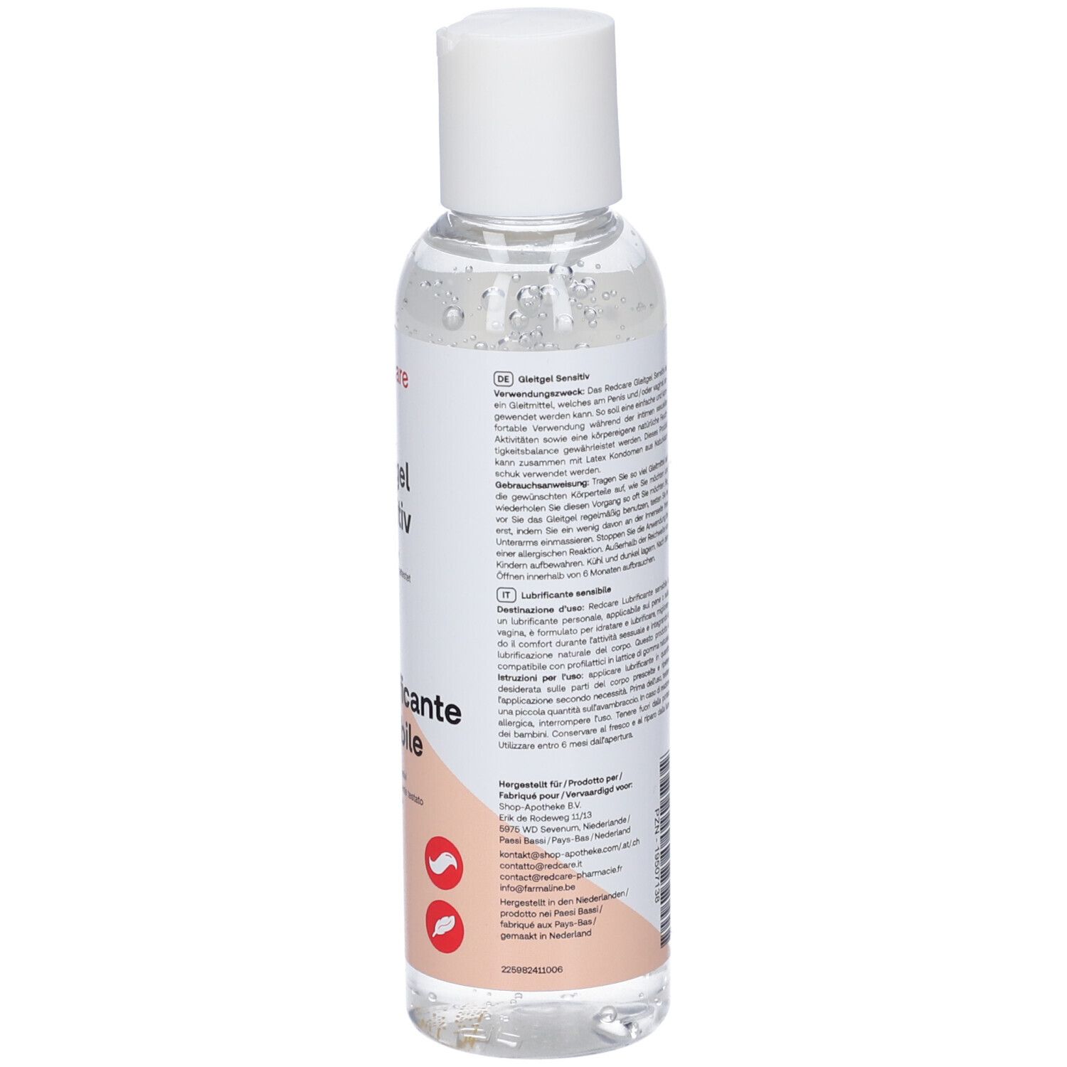 Dos du flacon. Étiquette avec informations produit, ingrédients et coordonnées fabricant. Texte multilingue.