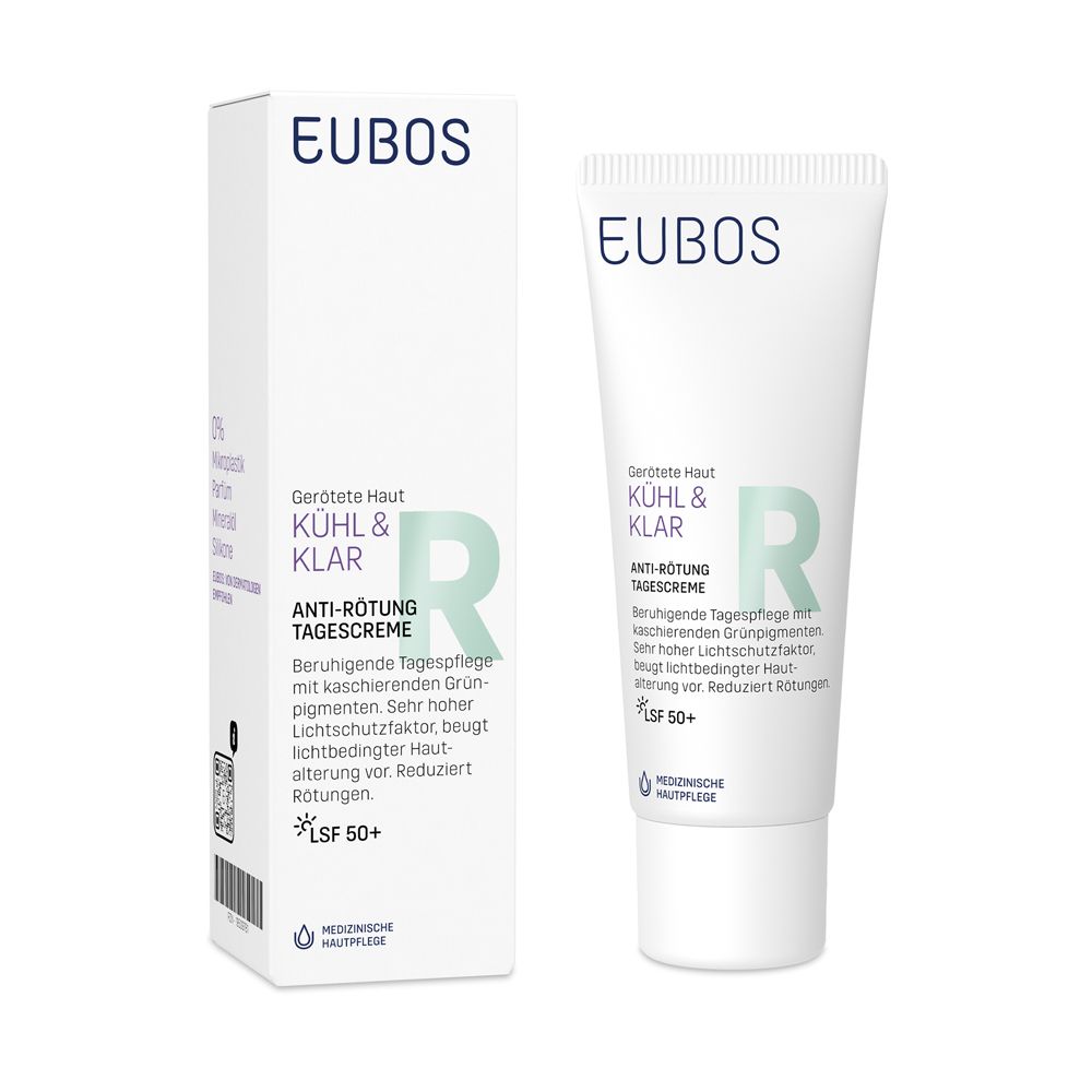 Tube et boîte blanches avec informations sur le produit. Inscription: EUBOS, KÜHL & KLAR, ANTI-RÖTUNG TAGESCREME, LSF 50+.