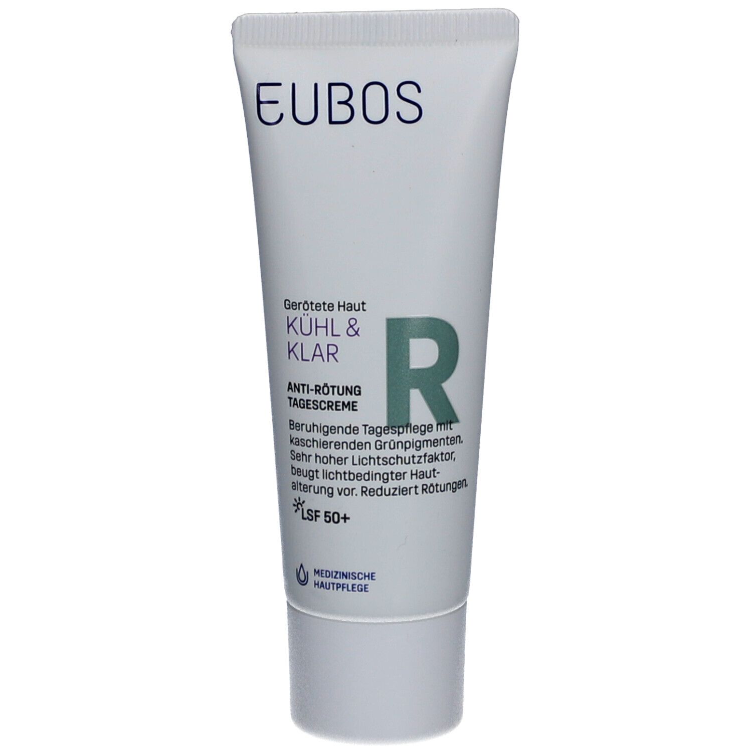 Creme-Tube mit Aufschrift EUBOS, KÜHL & KLAR, LSF 50+. Weißes Tube mit grünem 'R'.
