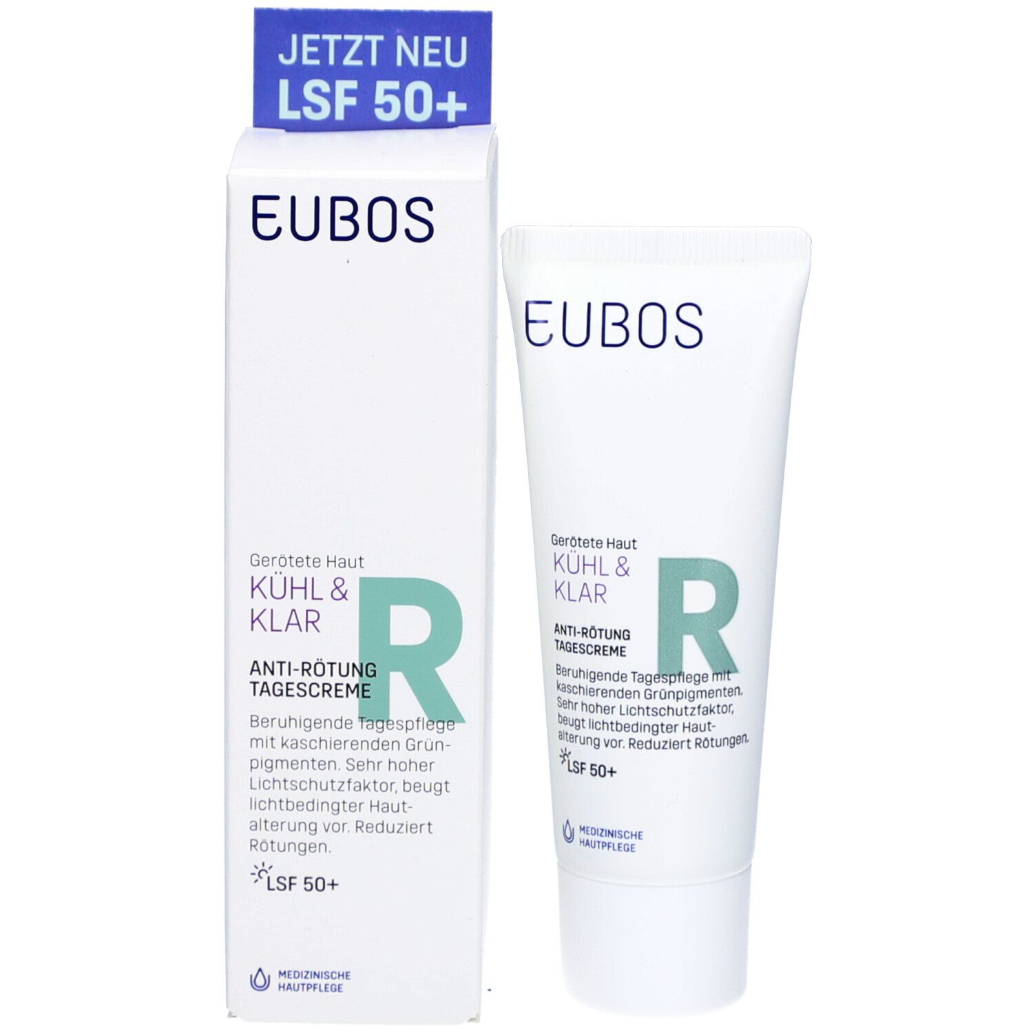 Produktverpackung mit Tube und Karton. Aufschrift: EUBOS, KÜHL & KLAR, ANTI-RÖTUNG TAGESCREME, LSF 50+.
