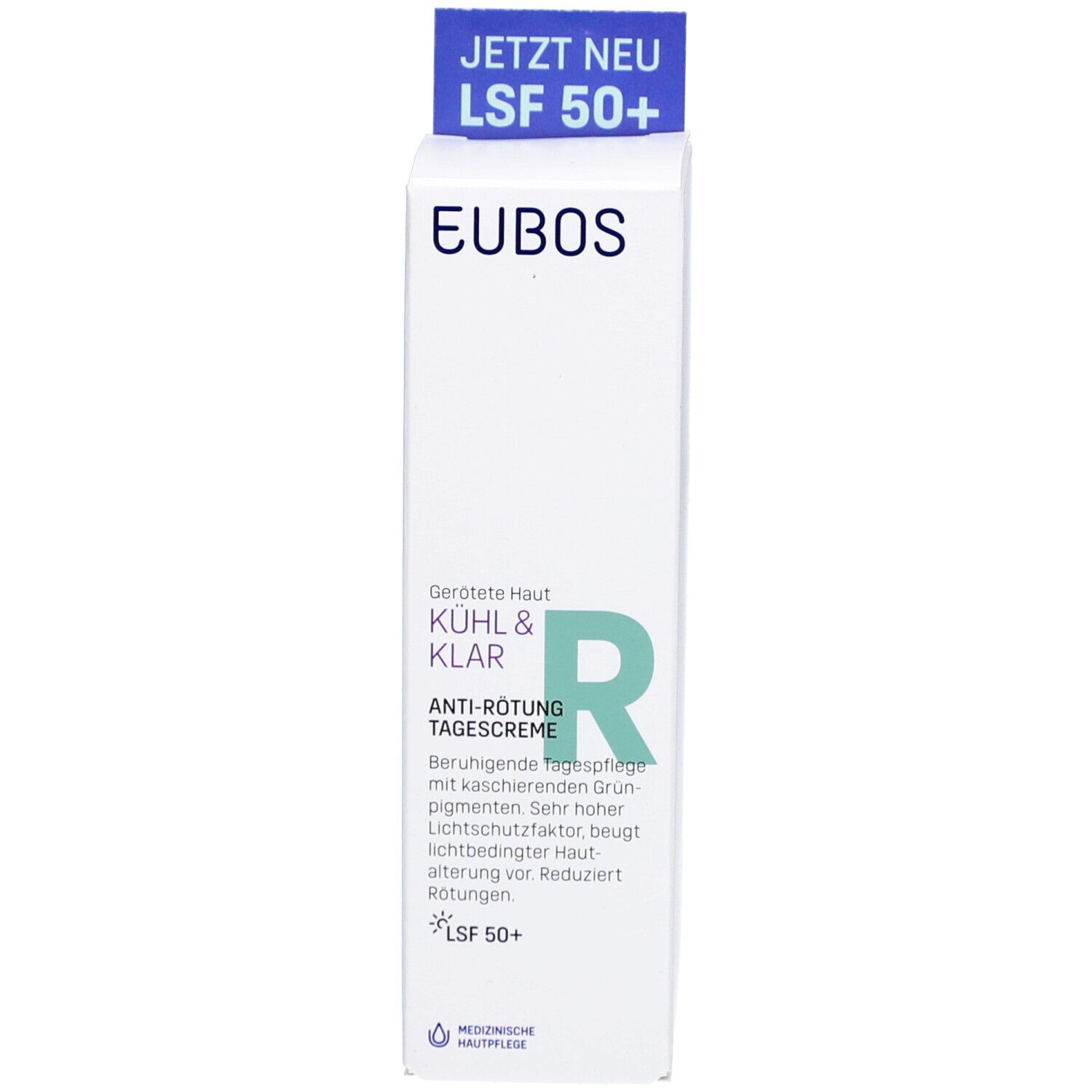 Karton mit Aufschrift EUBOS, KÜHL & KLAR, ANTI-RÖTUNG TAGESCREME, LSF 50+. Blauer Aufkleber: JETZT NEU LSF 50+.