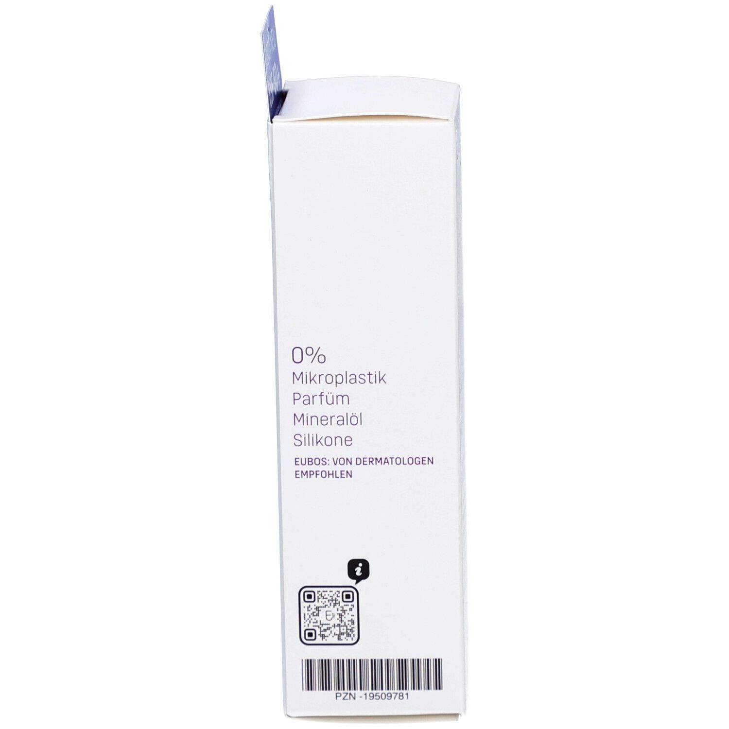 Seitenansicht der Produktverpackung. Text: 0% Mikroplastik, Parfum, Mineralöl, Silikone. QR-Code.