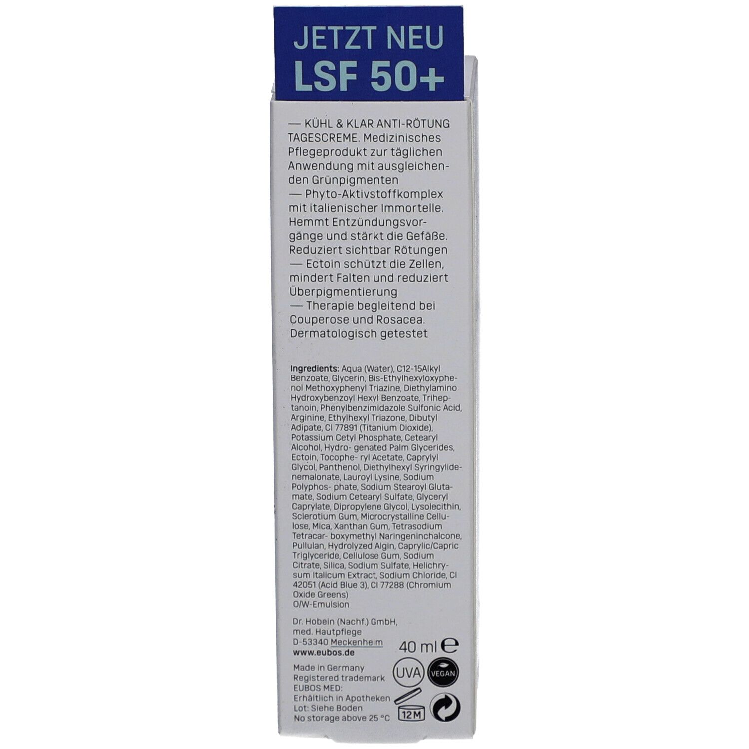 Rückseite der Produktverpackung. Text: Inhaltsstoffe, 40 ml, UVA-Zeichen, Made in Germany, Dermatologisch getestet.
