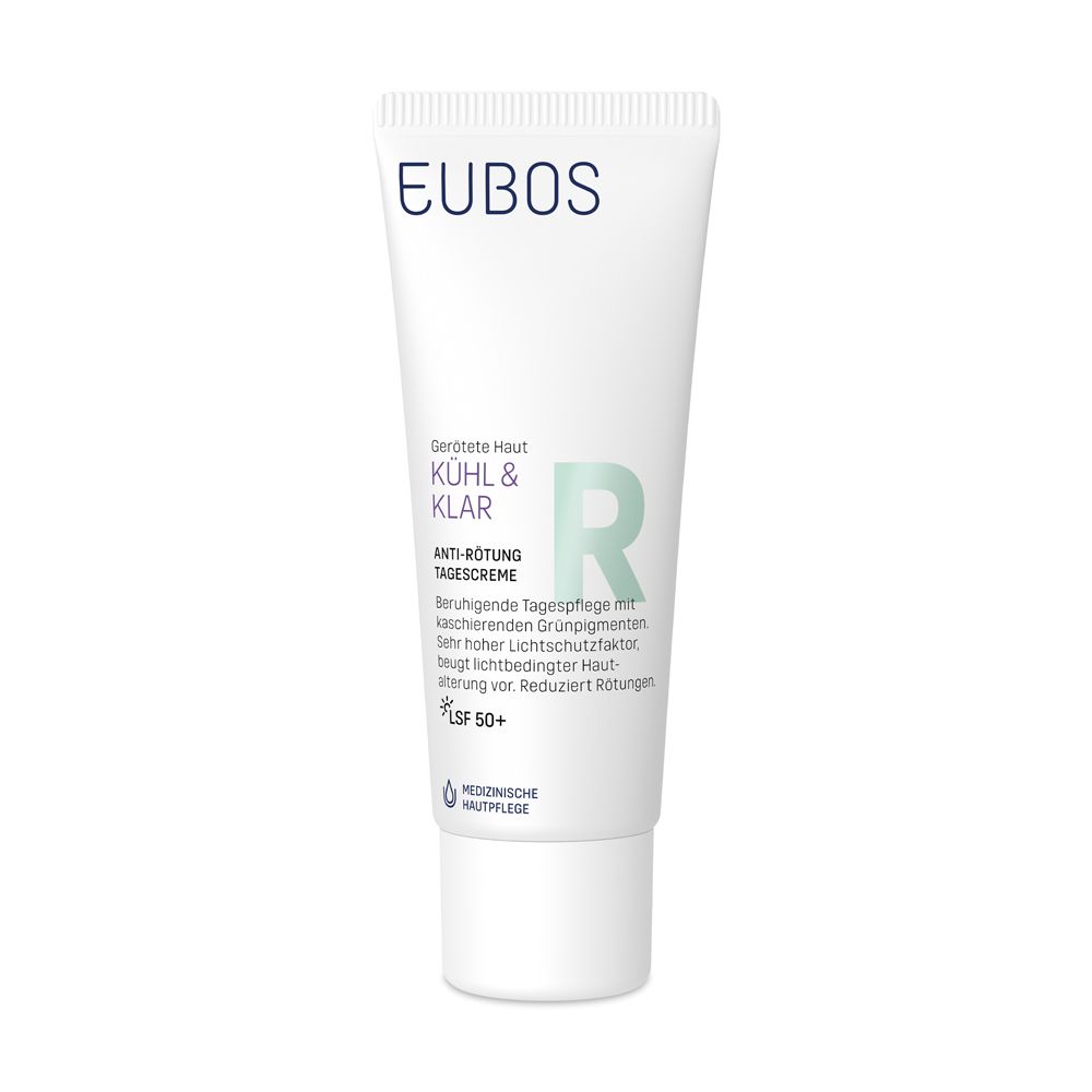 Tube blanc avec informations sur le produit. Inscription: EUBOS, KÜHL & KLAR, ANTI-RÖTUNG TAGESCREME, LSF 50+.