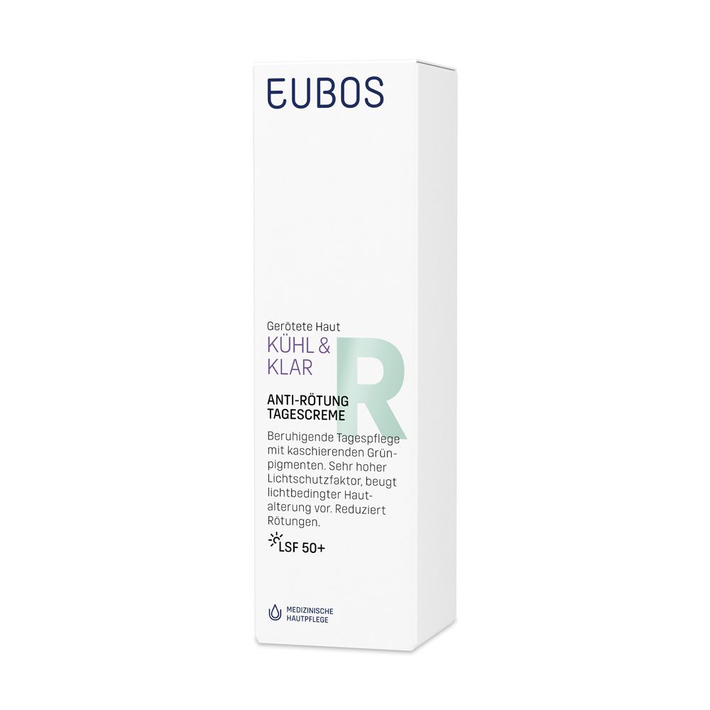 Boîte avec informations sur le produit. Inscription: EUBOS, KÜHL & KLAR, ANTI-RÖTUNG TAGESCREME, LSF 50+.