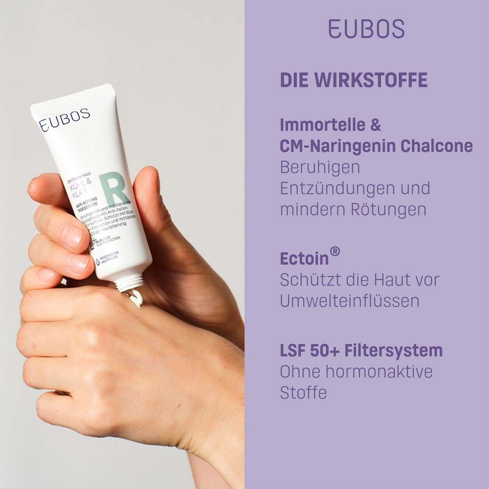 Cinq produits de la gamme KÜHL & KLAR. Texte : Anti-Rötung Toner, Lait nettoyant, Sérum, Crème de jour.