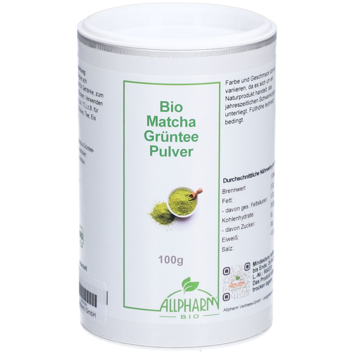 Weißes zylindrisches Behältnis mit Deckel. Aufschrift: Bio Matcha Grüntee Pulver, 100g, Allpharm Bio. Grüntee-Abbildung.