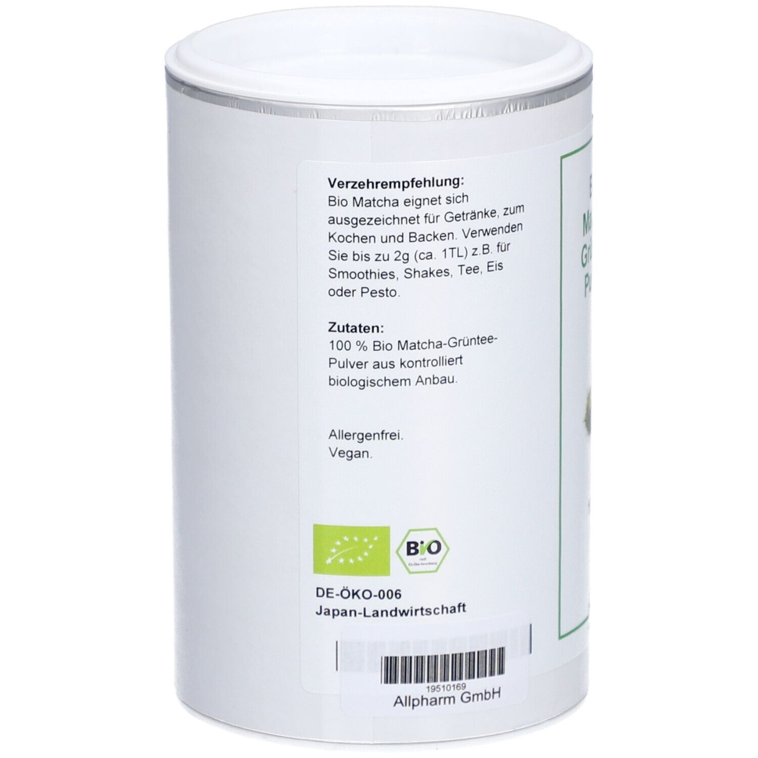 Rückseite des weißen zylindrischen Behälters. Text: Verzehrempfehlung, Zutaten, Allergenfrei, Vegan, Bio-Siegel, Japan-Landwirtschaft.