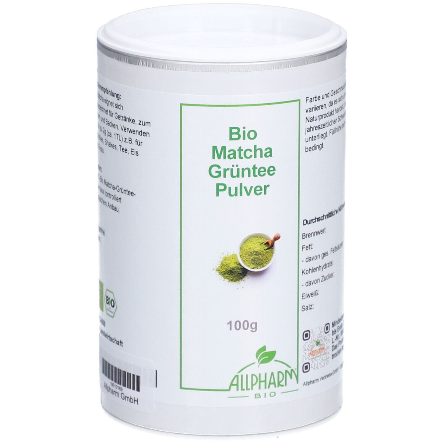 Weißes zylindrisches Behältnis mit Deckel. Aufschrift: Bio Matcha Grüntee Pulver, 100g, Allpharm Bio. Grüntee-Abbildung.