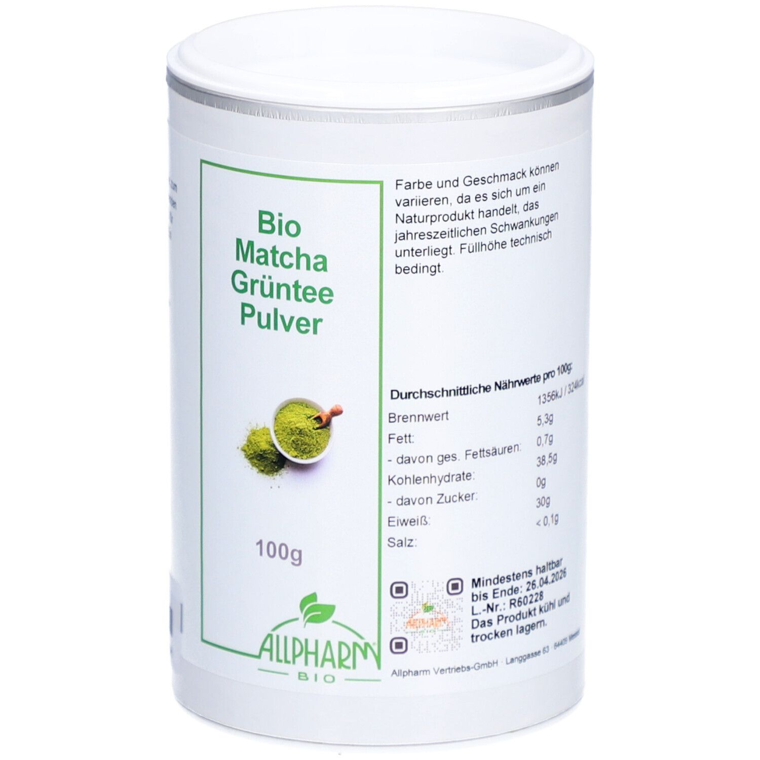 Weißes zylindrisches Behältnis mit Deckel. Aufschrift: Bio Matcha Grüntee Pulver, 100g, Allpharm Bio. Nährwertangaben.