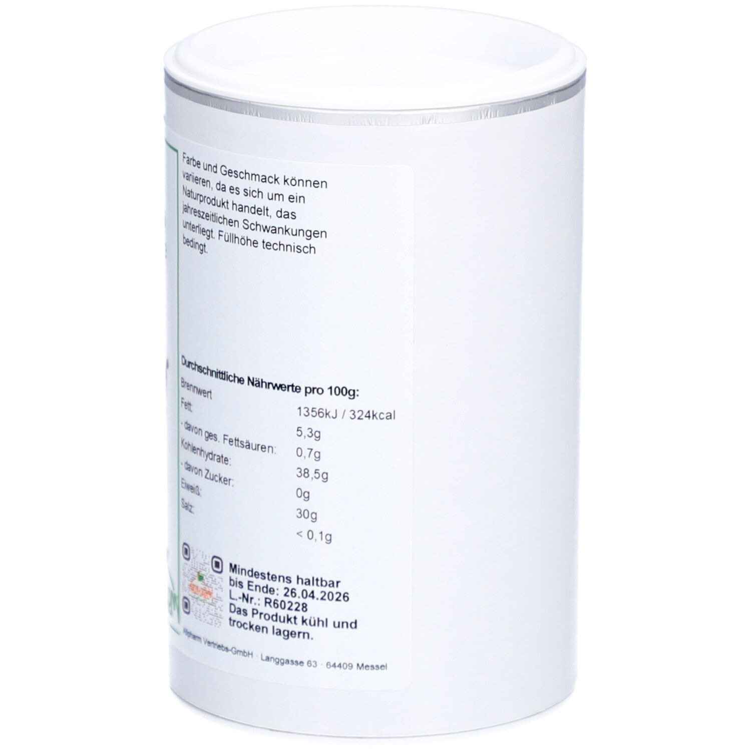 Weißes zylindrisches Behältnis mit Deckel. Aufschrift: Bio Matcha Grüntee Pulver, Nährwertangaben, Mindestens haltbar bis 26.04.2026.