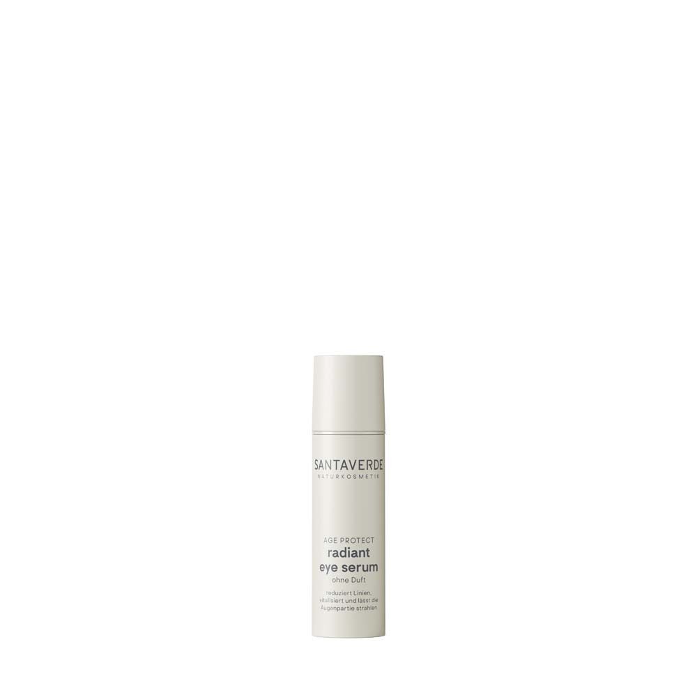Flacon de sérum blanc. Texte: SANTAVERDE, radiant eye serum. Pour le contour des yeux.