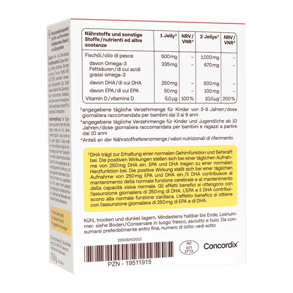 Dos de la boîte de Redcare Junior Omega-3 Jellys. Contient des informations nutritionnelles.