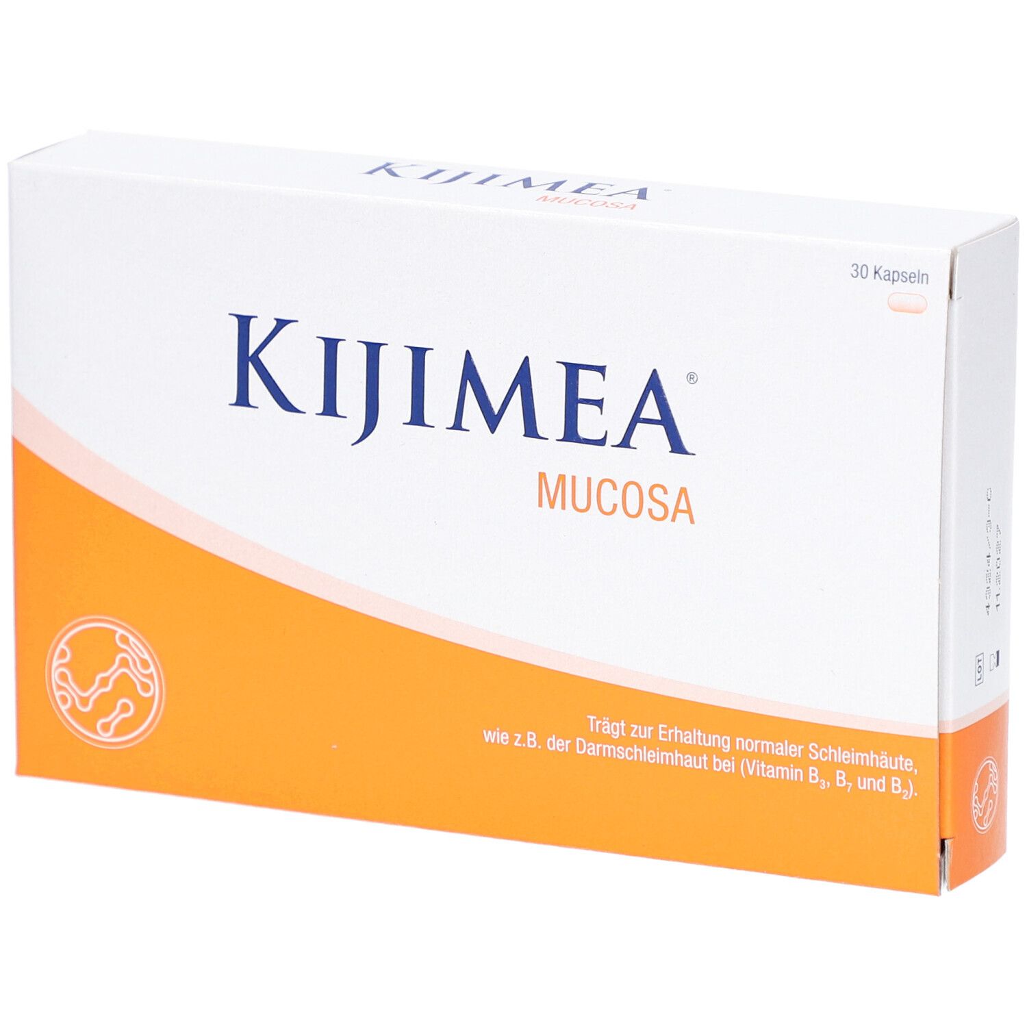 Boîte blanche avec accent orange. Inscription: KIJIMEA Mucosa. 30 gélules. Texte sur le maintien de la muqueuse.