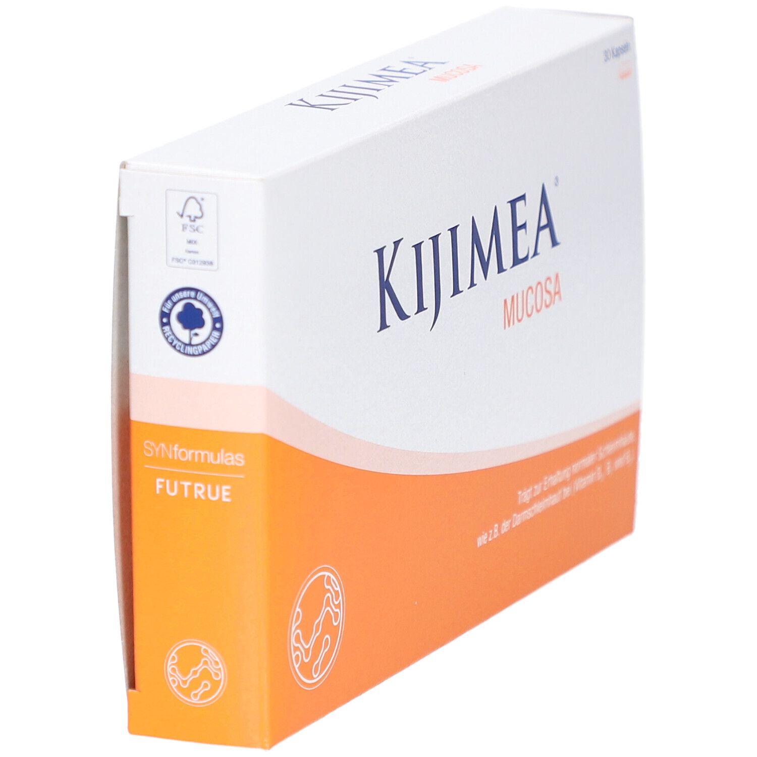 Boîte KIJIMEA Mucosa, blanche avec accent orange. Logo FSC et logo Futrue. 30 gélules.
