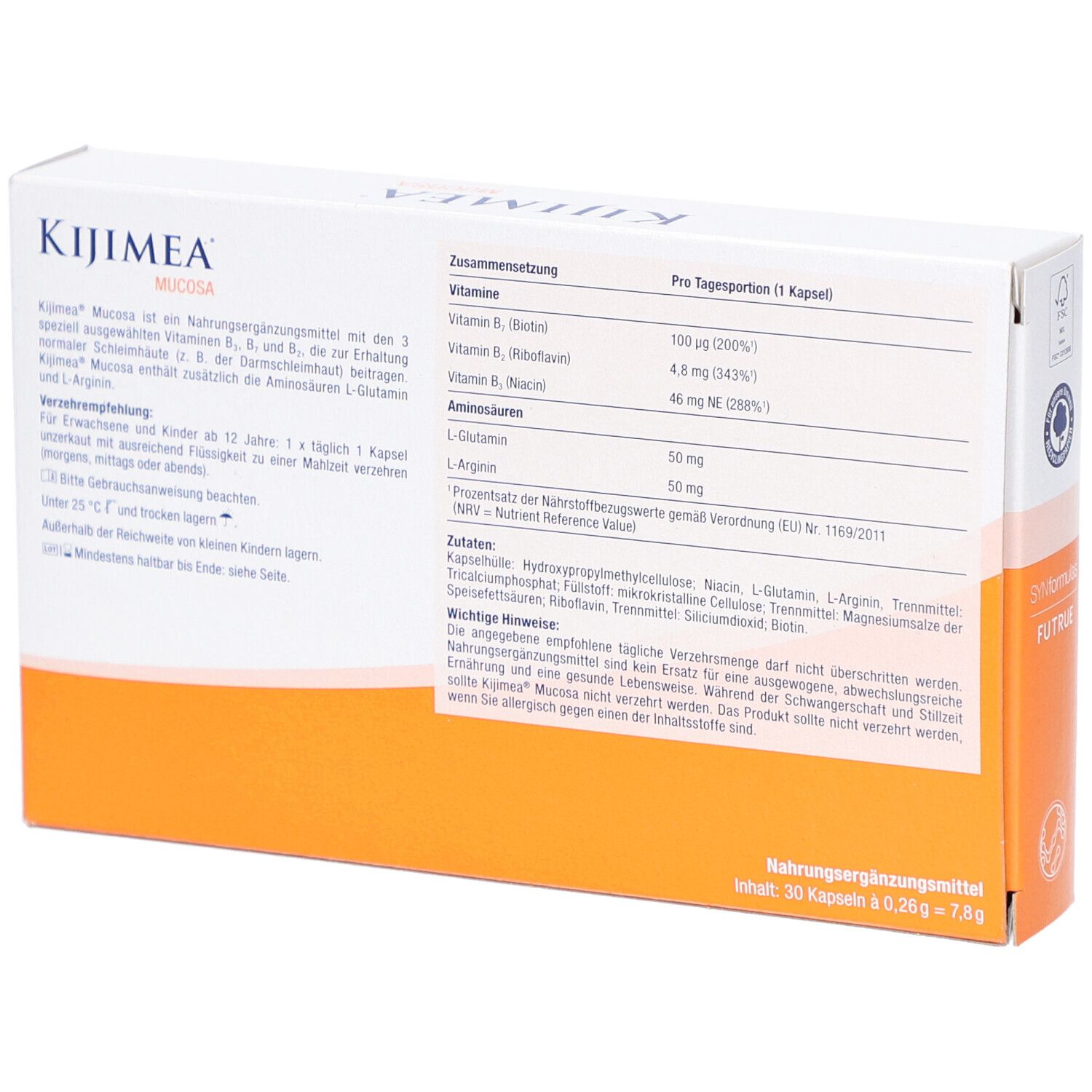 Dos de l'emballage KIJIMEA Mucosa. Contient des informations sur les ingrédients et les valeurs nutritionnelles. 30 gélules.