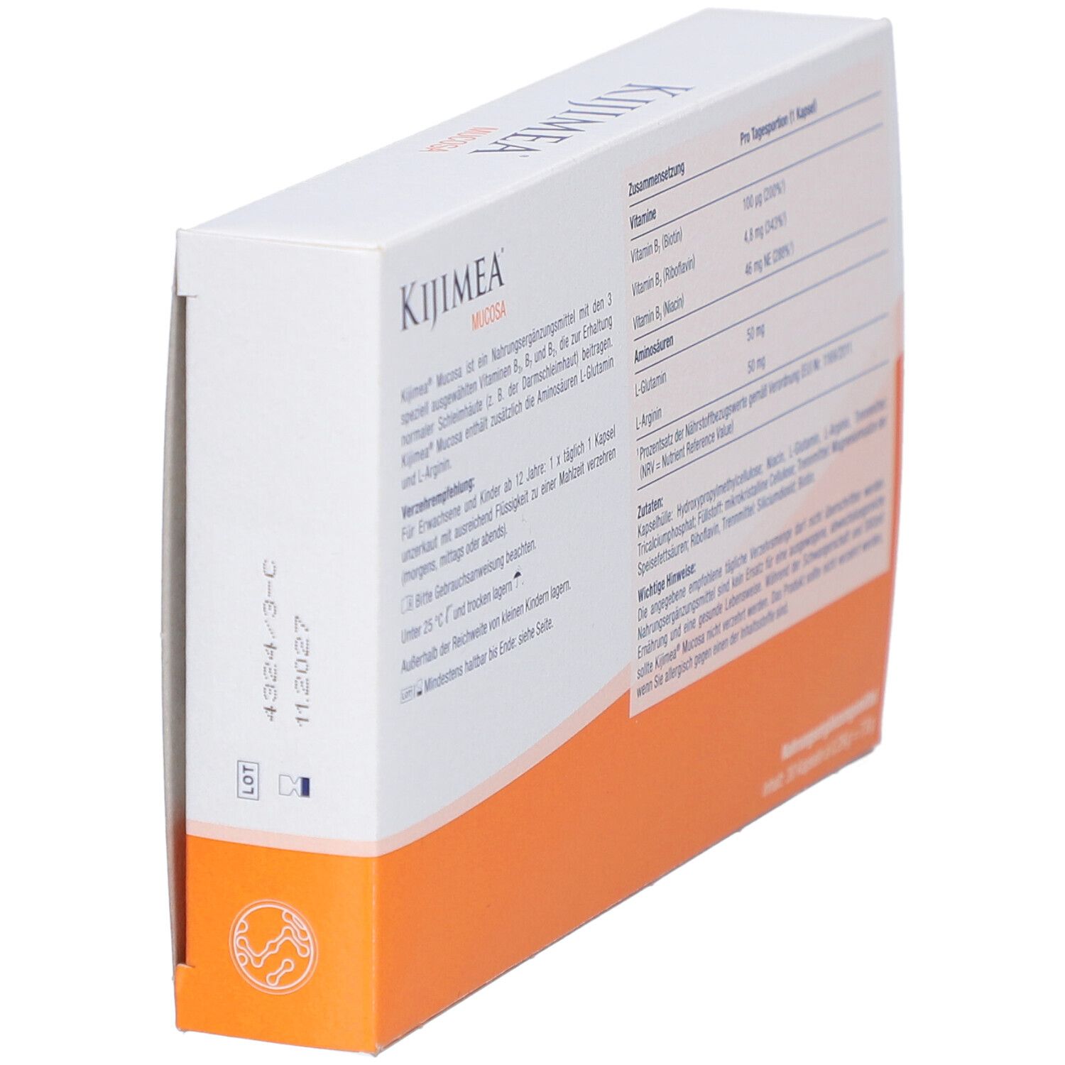 Vue latérale de l'emballage KIJIMEA Mucosa. Contient des informations sur les ingrédients et les valeurs nutritionnelles. 30 gélules.