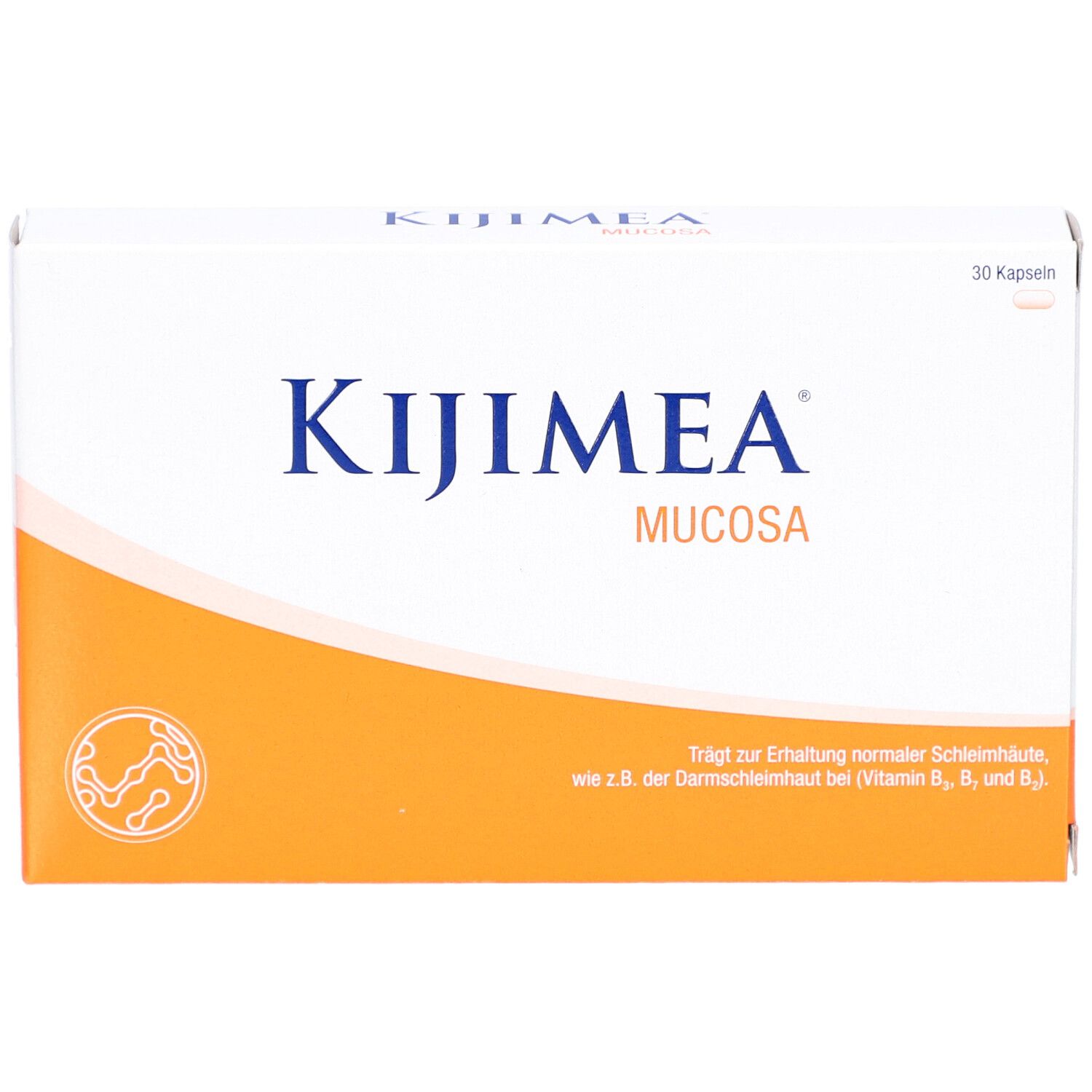 Boîte blanche avec accent orange. Inscription: KIJIMEA Mucosa. 30 gélules. Texte sur le maintien de la muqueuse.