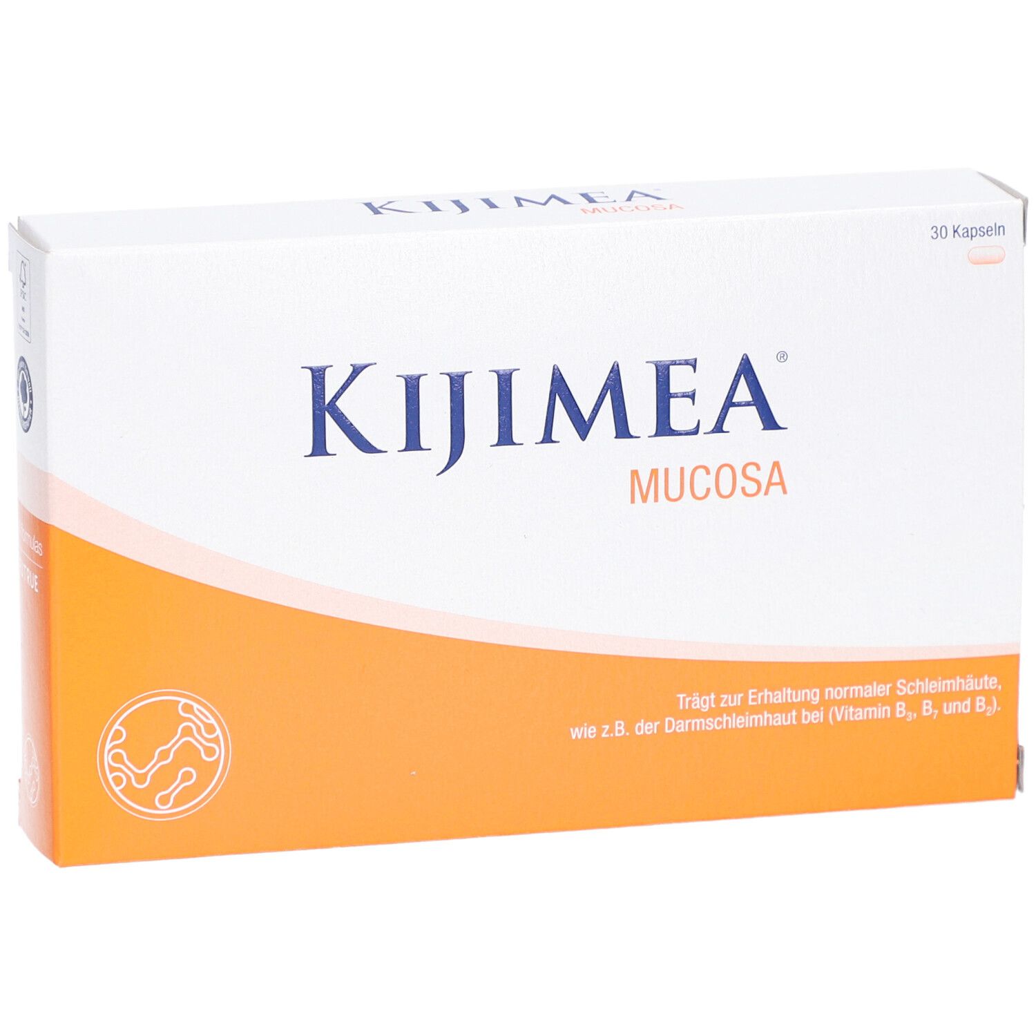 Boîte blanche avec accent orange. Inscription: KIJIMEA Mucosa. 30 gélules. Texte sur le maintien de la muqueuse.