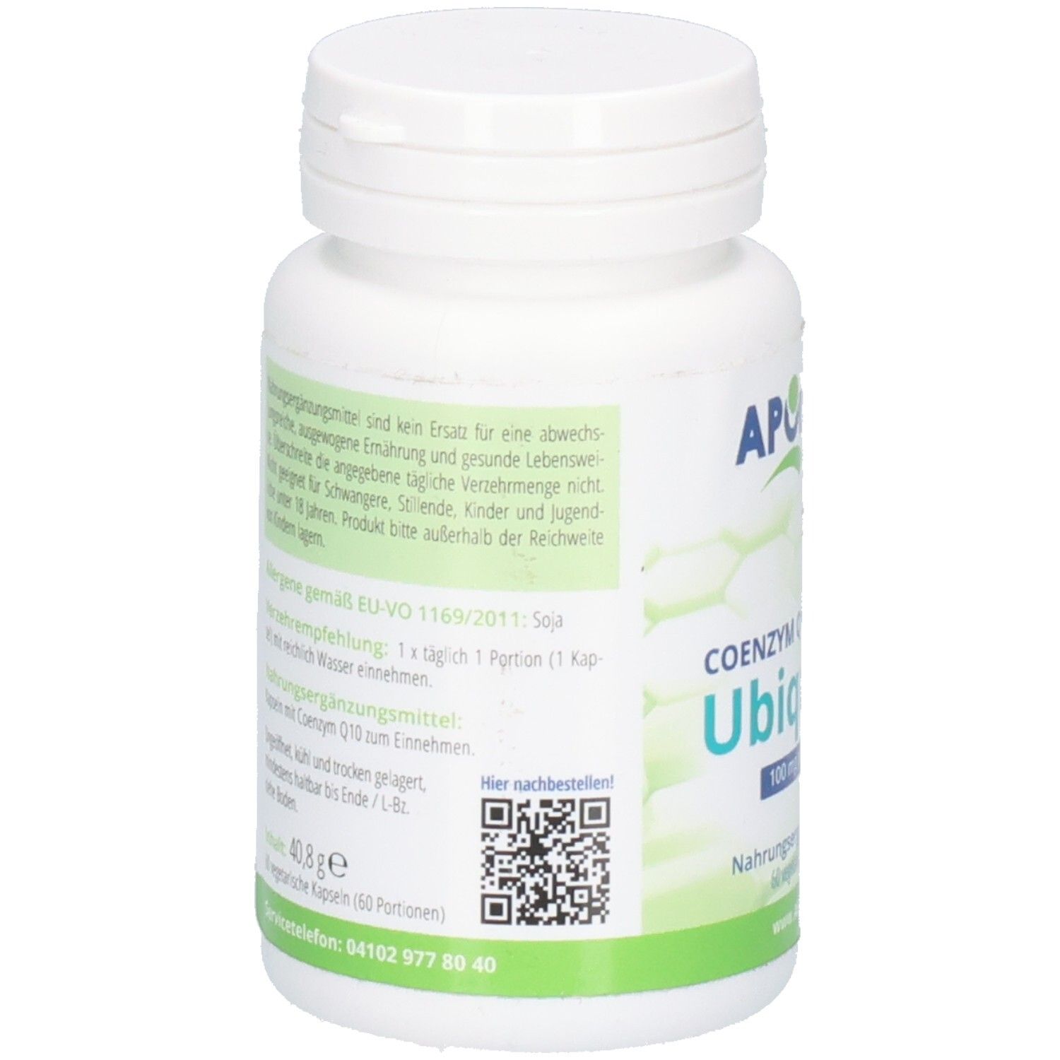 Rückseite der weißen Flasche mit APOrtha Ubiquinol Kapseln. Text und QR-Code.