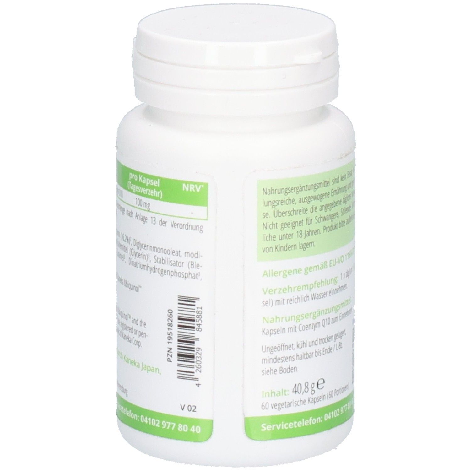 Rückseite der weißen Flasche mit APOrtha Ubiquinol Kapseln. Text und Inhaltsstoffe.