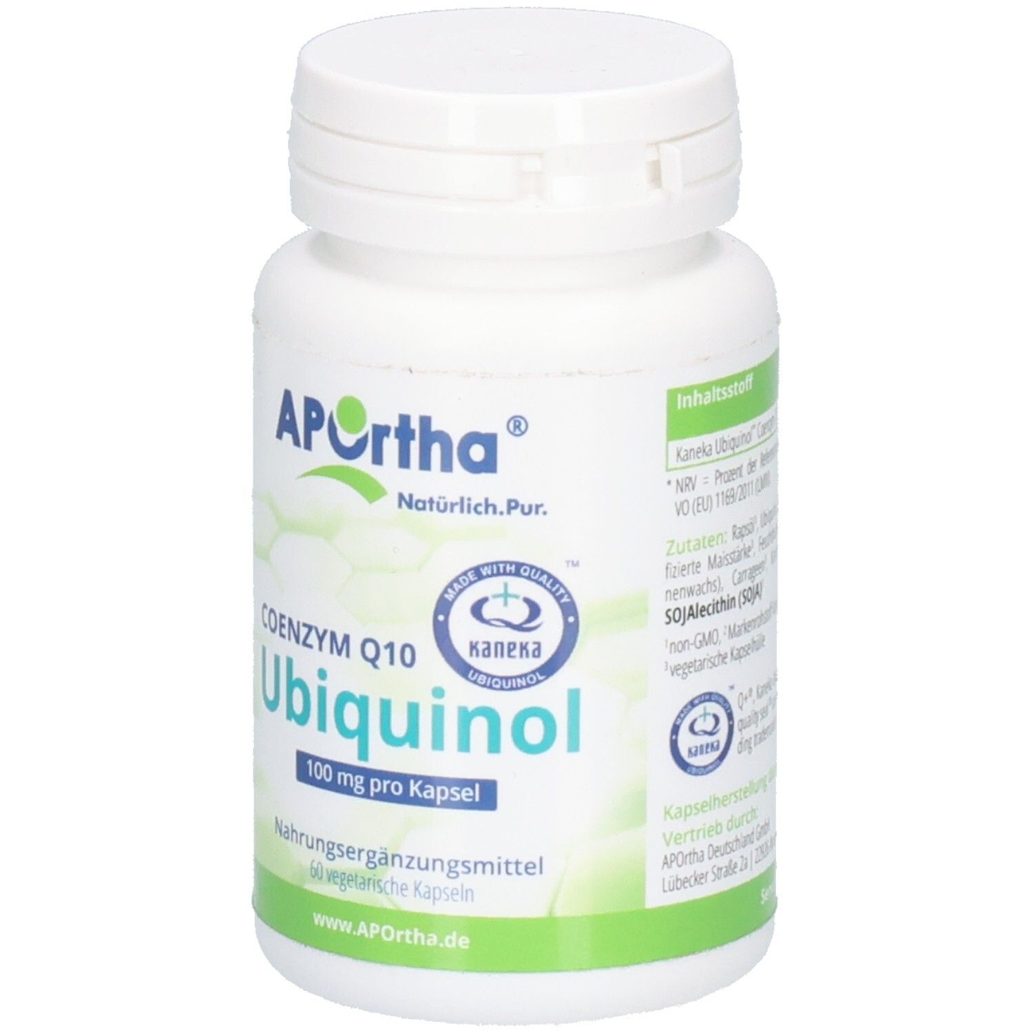 Weiße Flasche mit APOrtha Ubiquinol Kapseln. Aufschrift: 100 mg pro Kapsel, 60 vegetarische Kapseln.