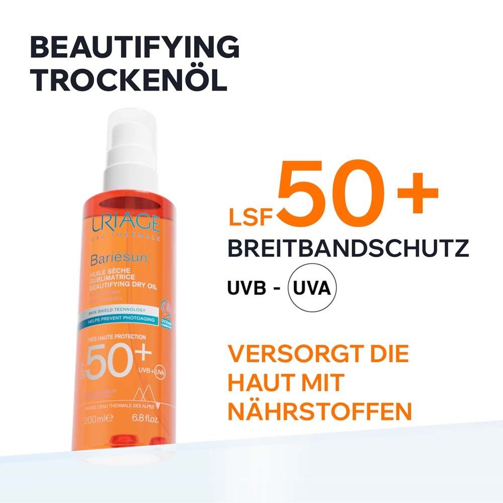 Uriage Bariésun SPF50+ Huile Sèche. Flacon orange avec vaporisateur blanc. Protection UVB-UVA à large spectre.