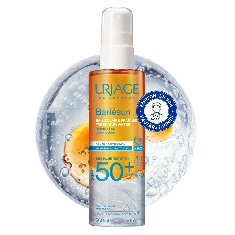 Uriage Bariésun SPF 50+ spray solaire. Flacon avec vaporisateur. Recommandé par les dermatologues. Résistant à l'eau.