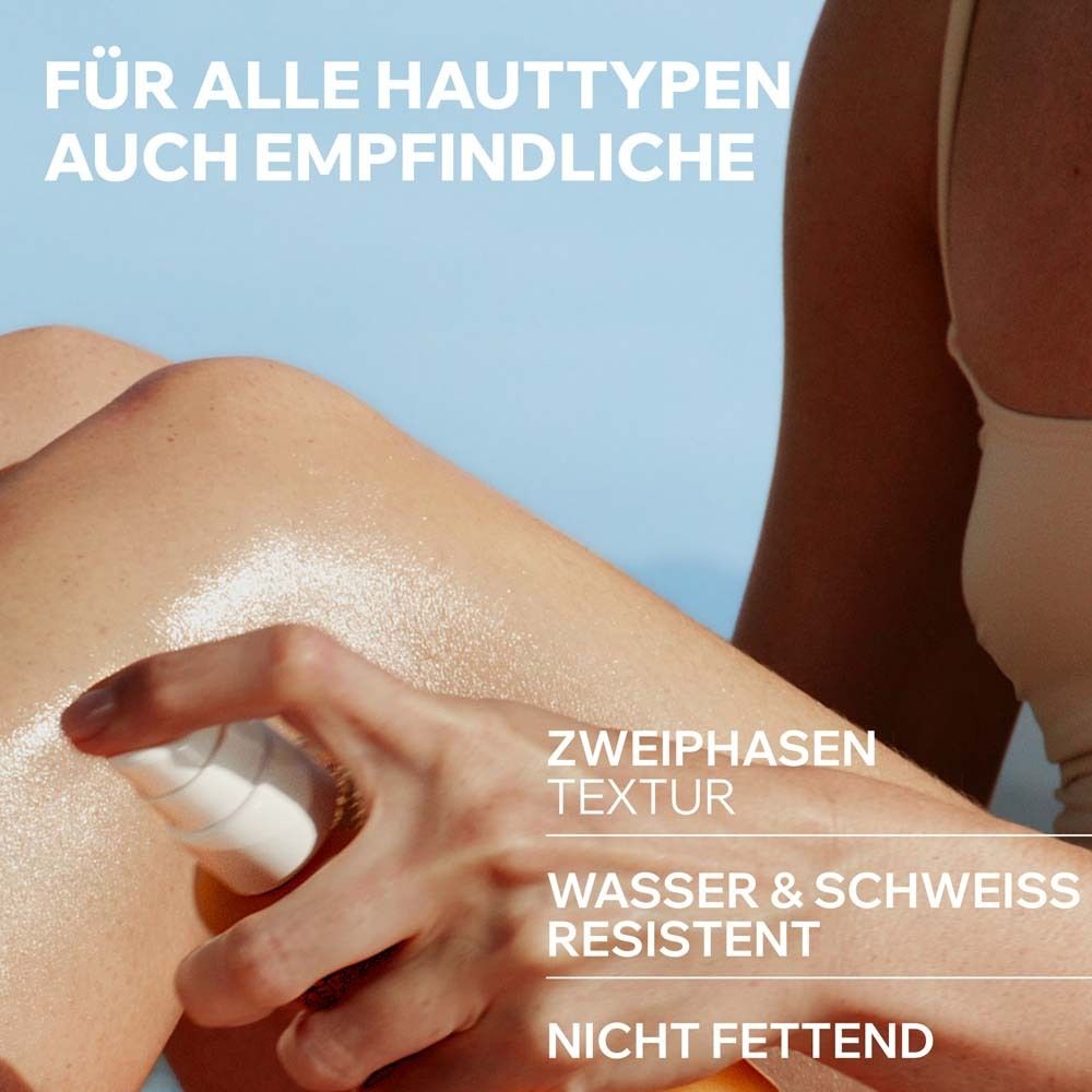 Jambe d'une personne vaporisant Uriage Bariésun SPF 50+. Pour tous types de peau, même sensibles. Résistant à l'eau et à la sueur.